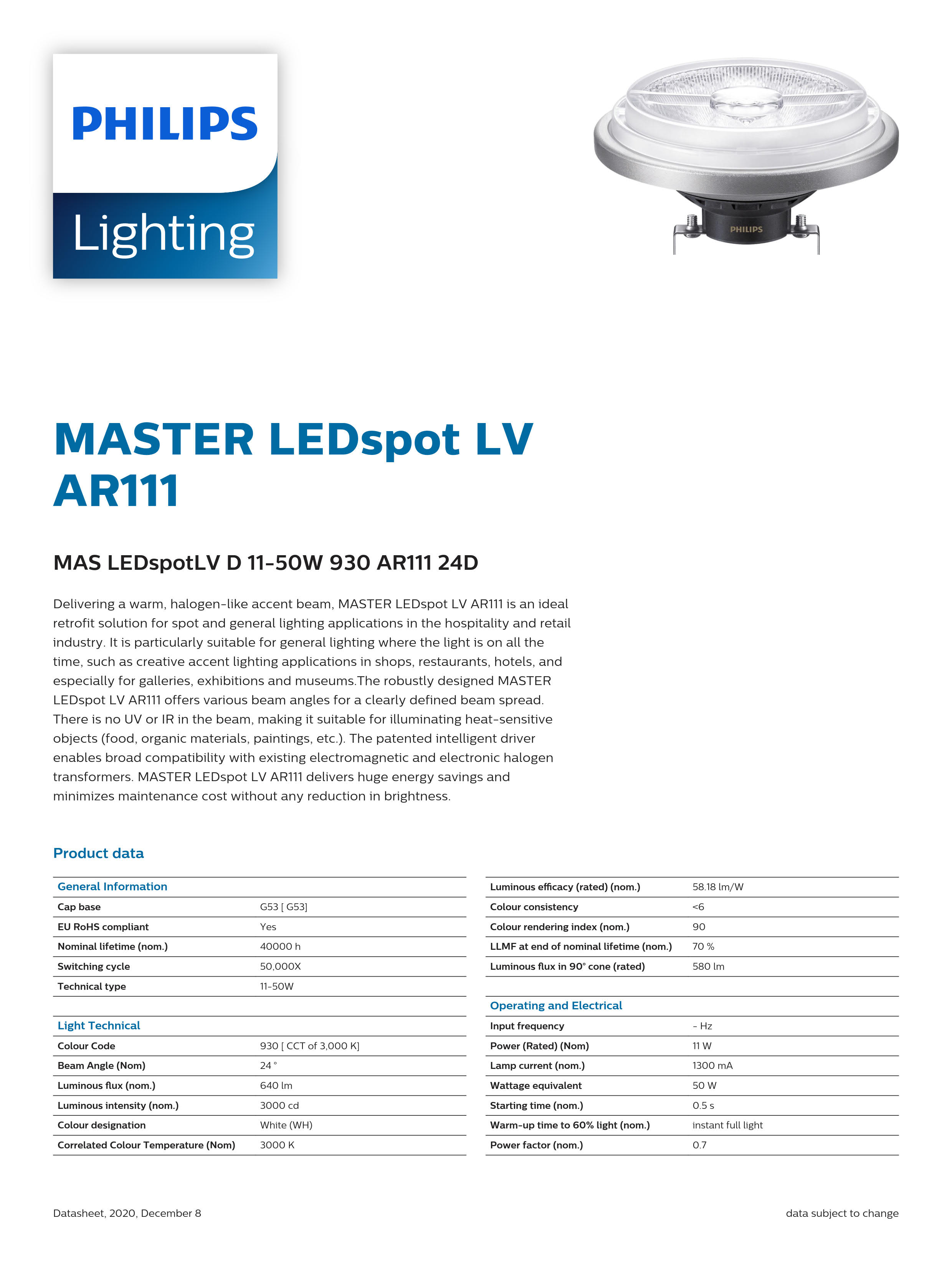 PHILIPS MAS LEDSpotLV D 11-50W 930 AR111 24D 929001169908