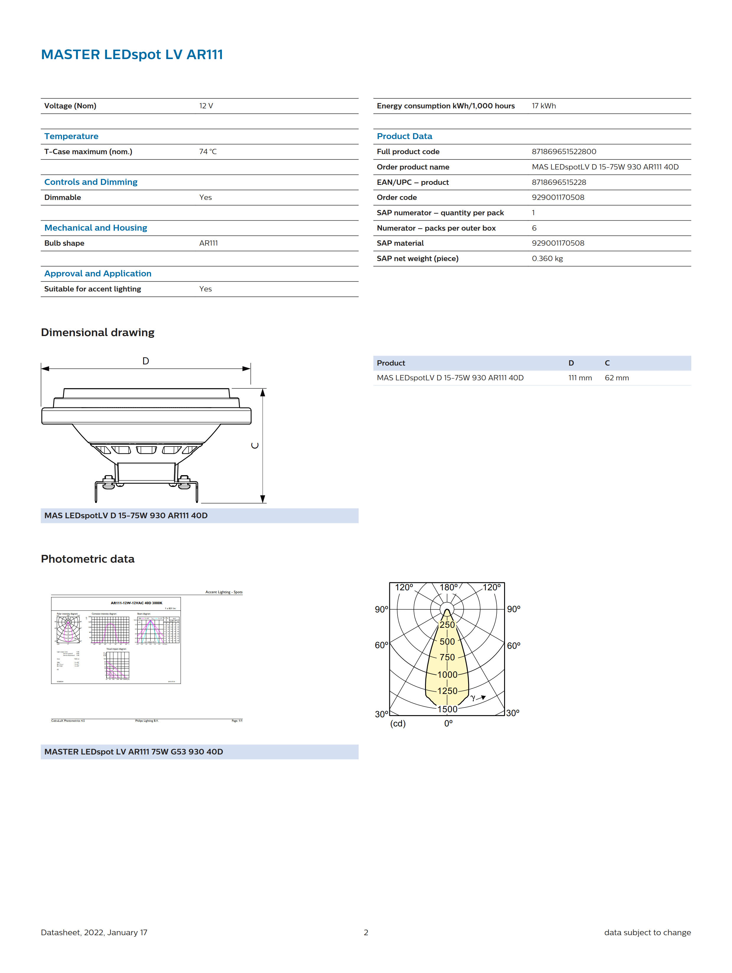 PHILIPS MAS LEDSpotLV D 15-75W 930 AR111 40D 929001170508