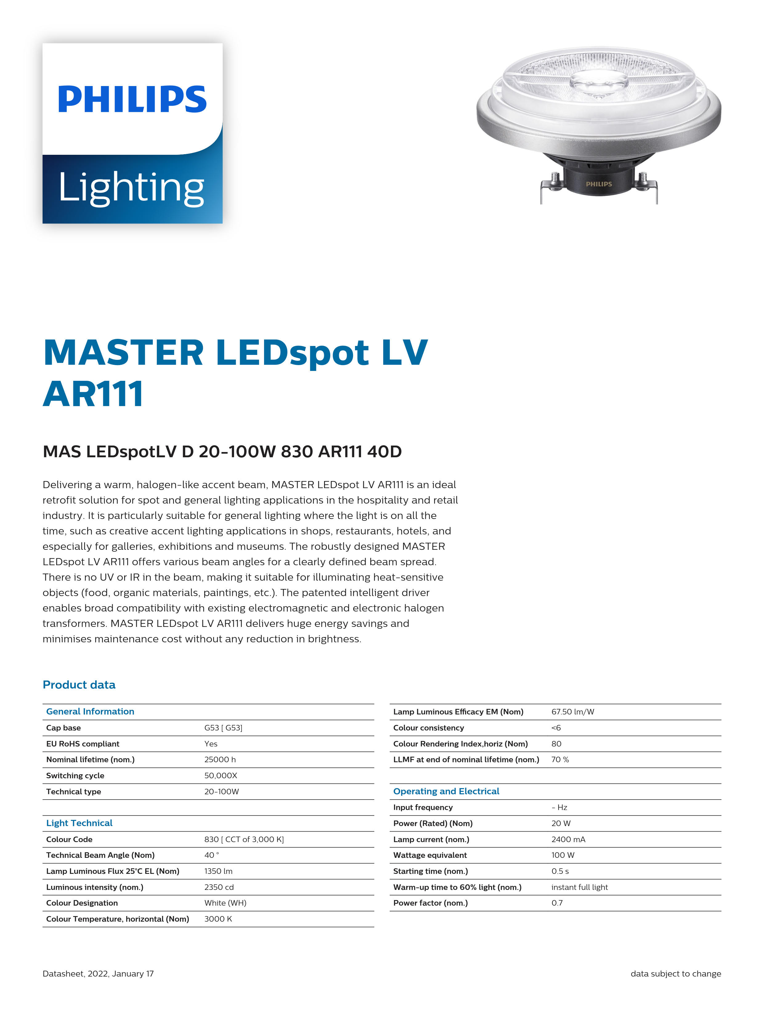 PHILIPS MAS LEDSpotLV D 20-100W 830 AR111 40D 929001171208