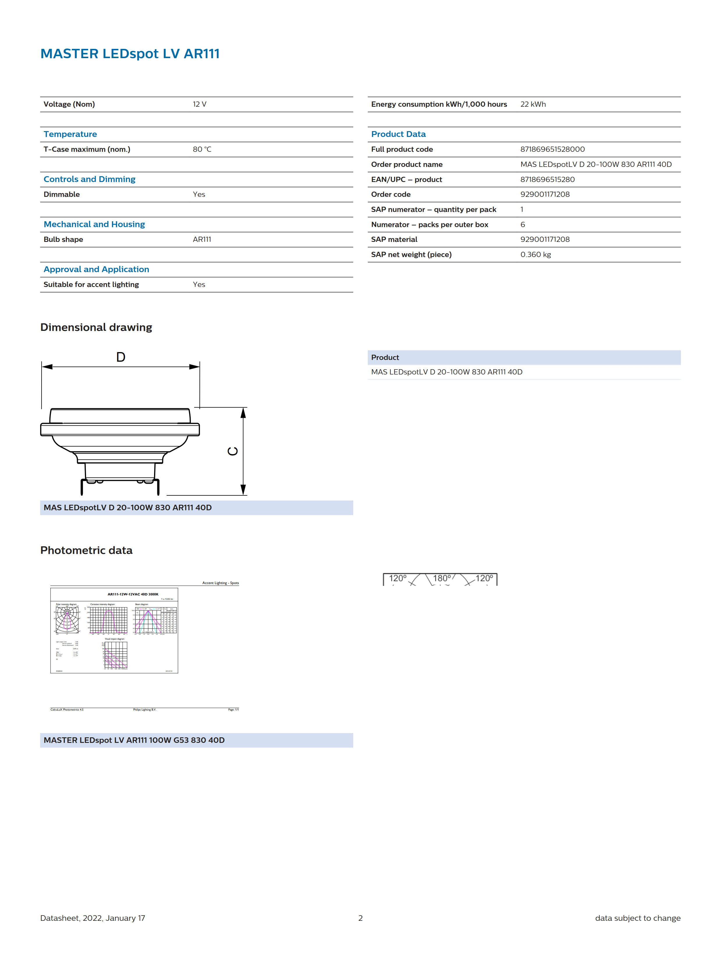 PHILIPS MAS LEDSpotLV D 20-100W 830 AR111 40D 929001171208