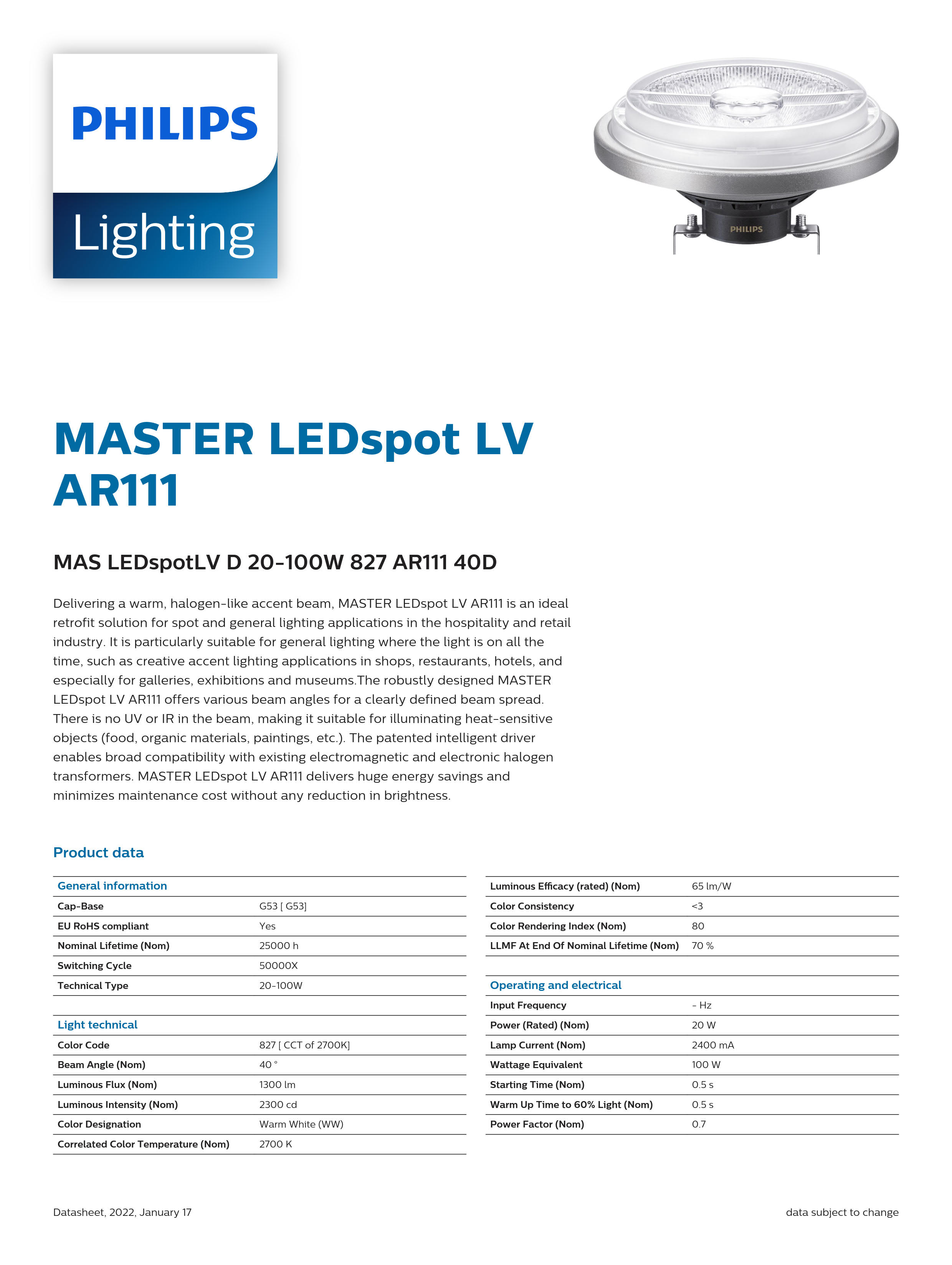 PHILIPS MAS LEDSpotLV D 20-100W 827 AR111 40D 929001171108