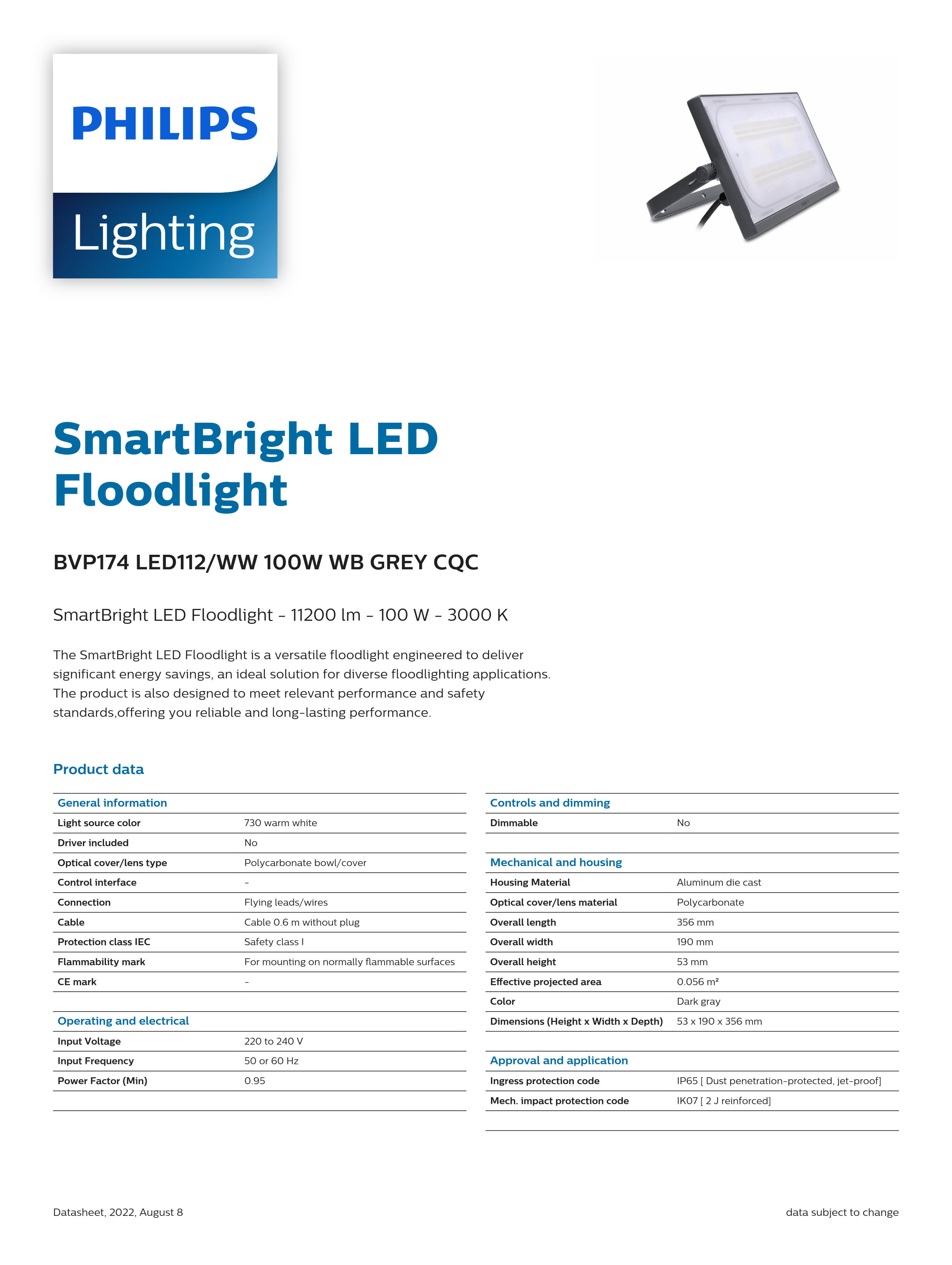 PHILIPS LED Flood Light BVP174 LED112WW 100W WB GREY CQC 911401689007