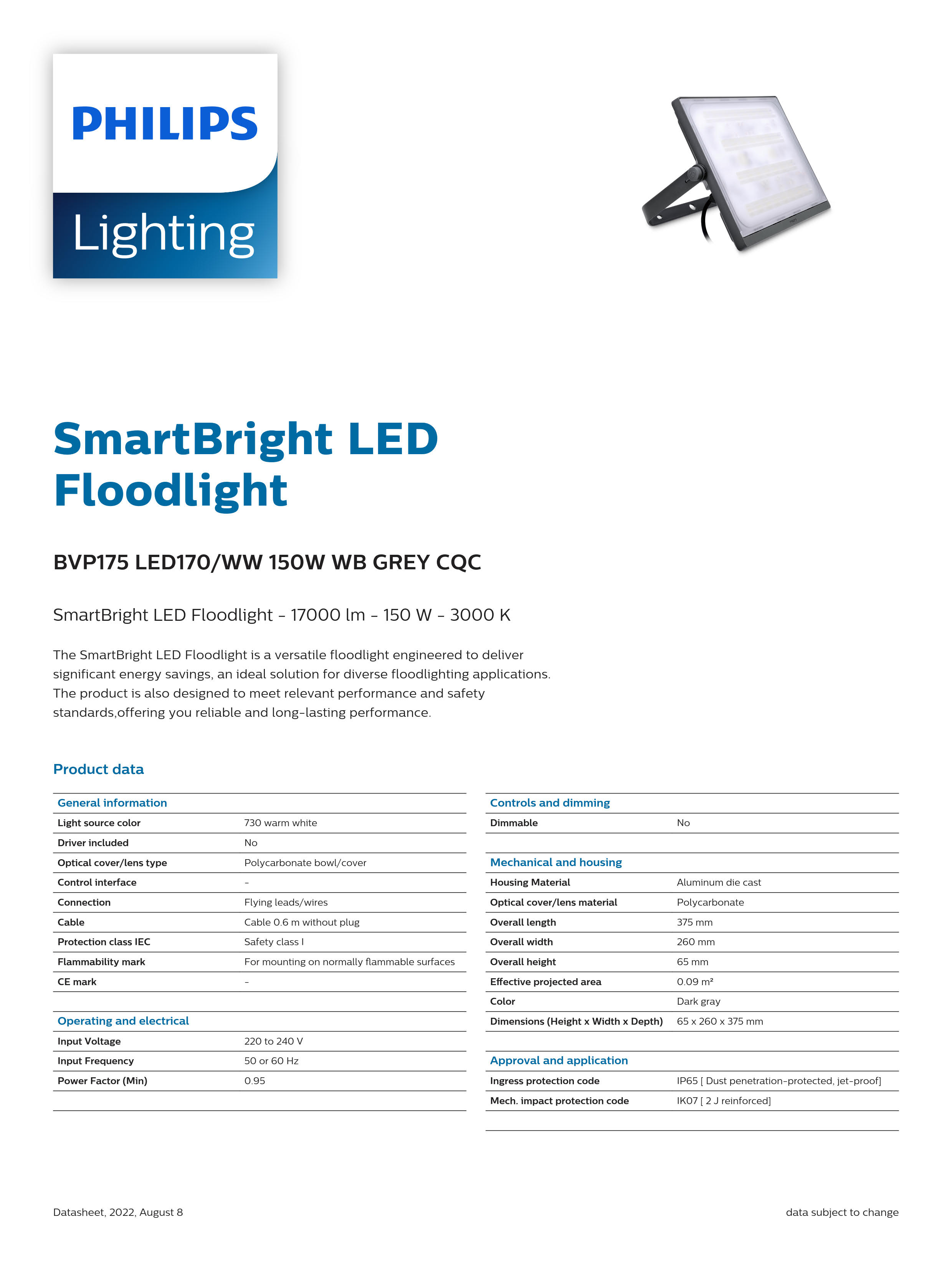 PHILIPS LED Flood light BVP175 LED170/WW 150W WB GREY CQC 911401687407