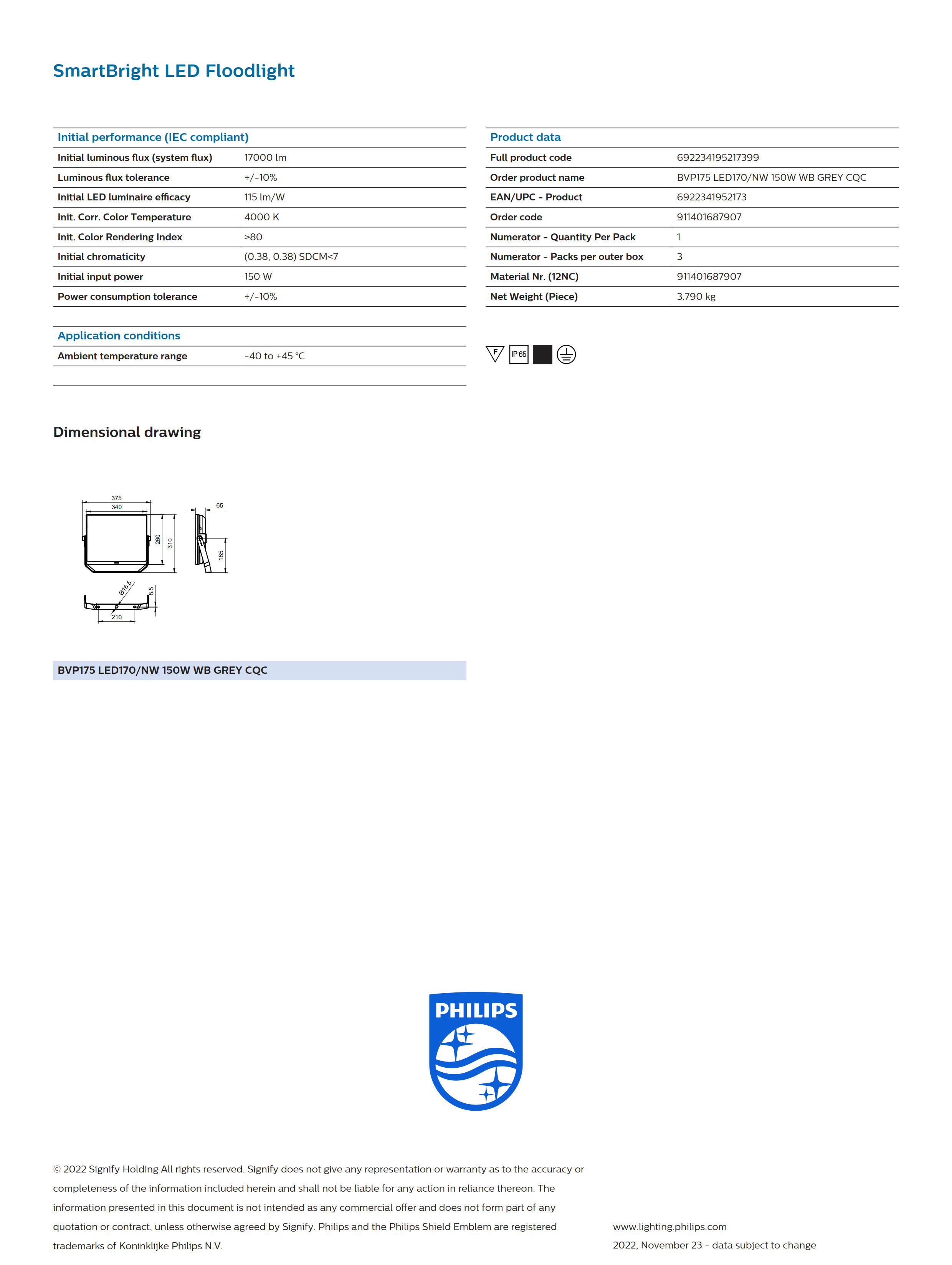 PHILIPS LED Floodl ight BVP175 LED170/NW 150W WB GREY CQC 911401687907