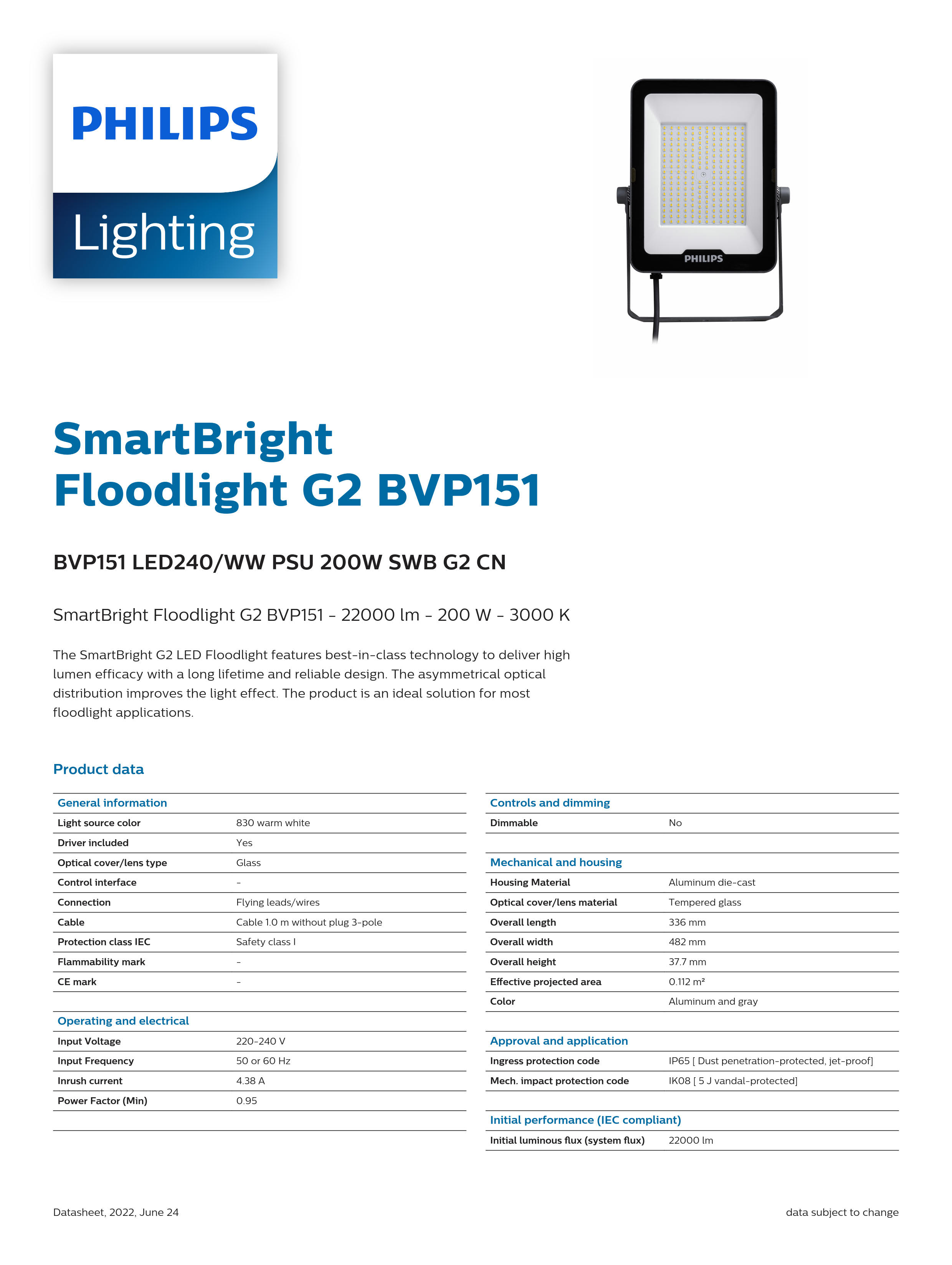 PHILIPS LED Flood light BVP151 LED240/WW PSU 200W SWB G2 CN 911401848083