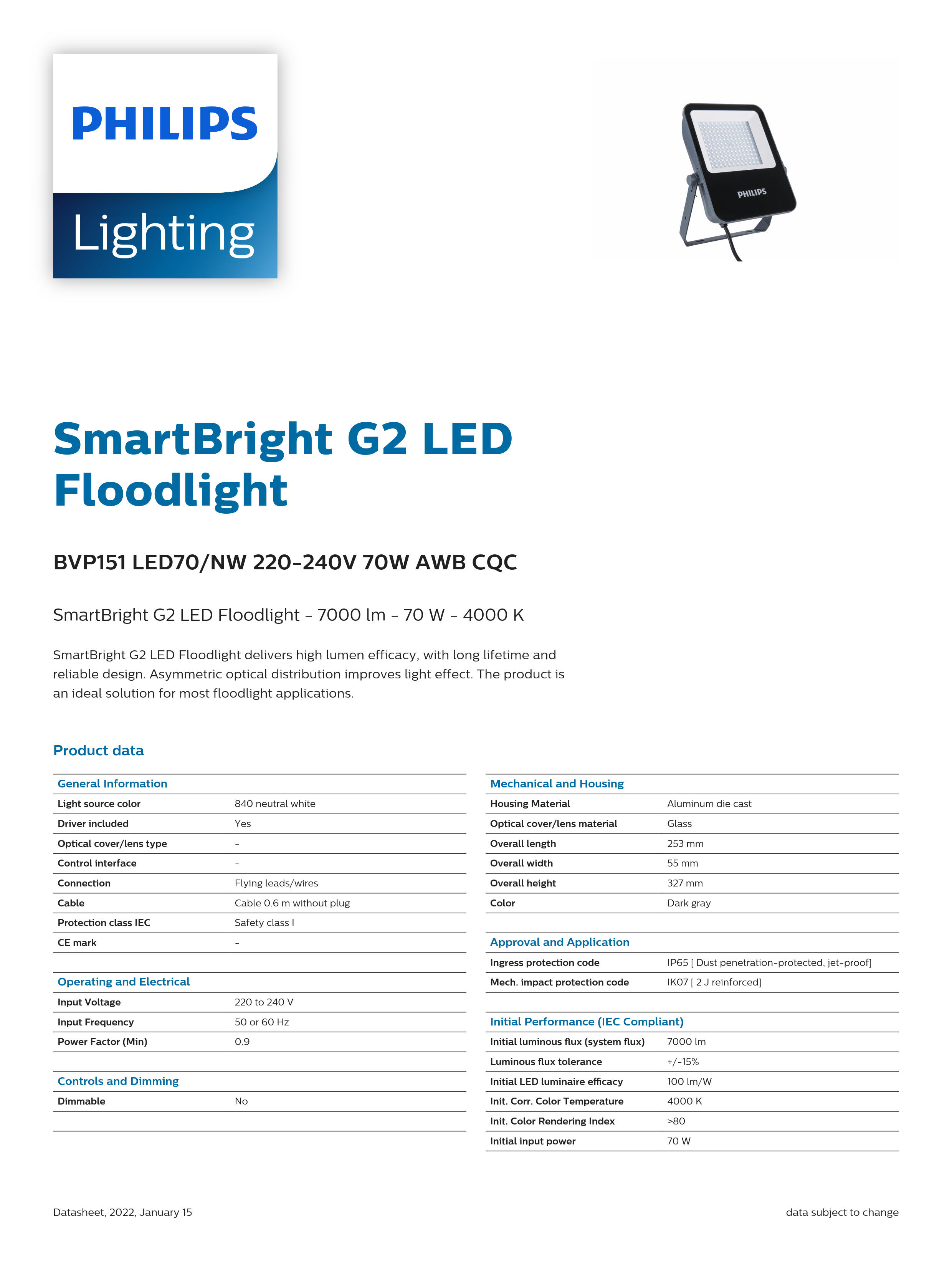 PHILIPS LED Flood light BVP151 LED70/NW 220-240V 70W AWB cQC 911401813980