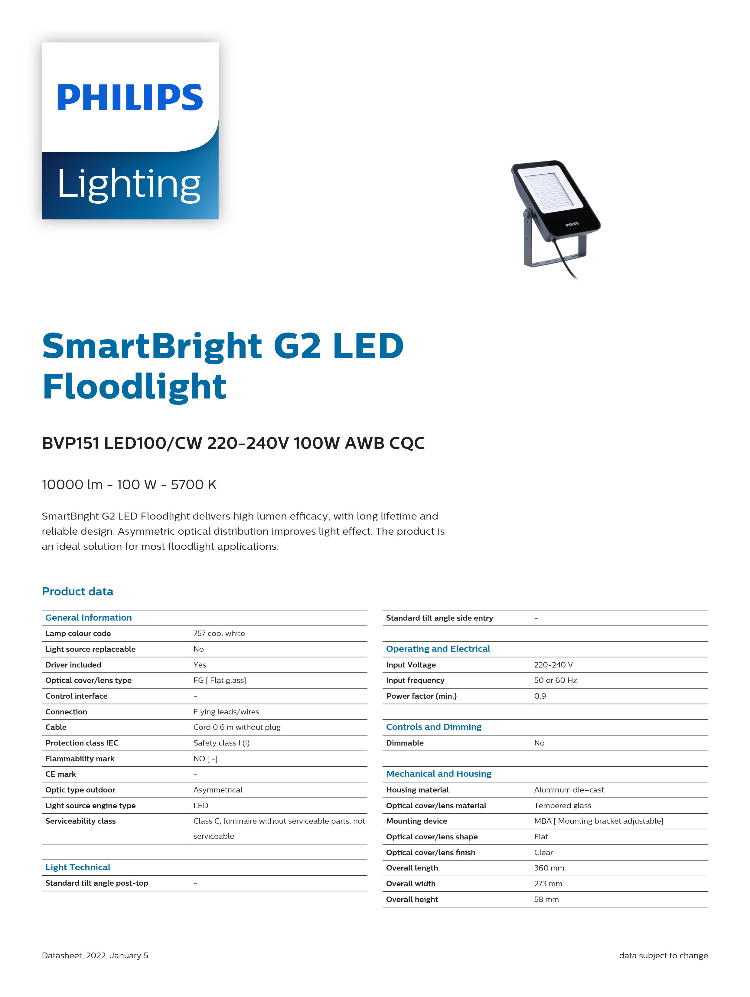 PHILIPS LED Flood light BVP151 LED100/CW 220-240V 100W AWB cQC 911401814380