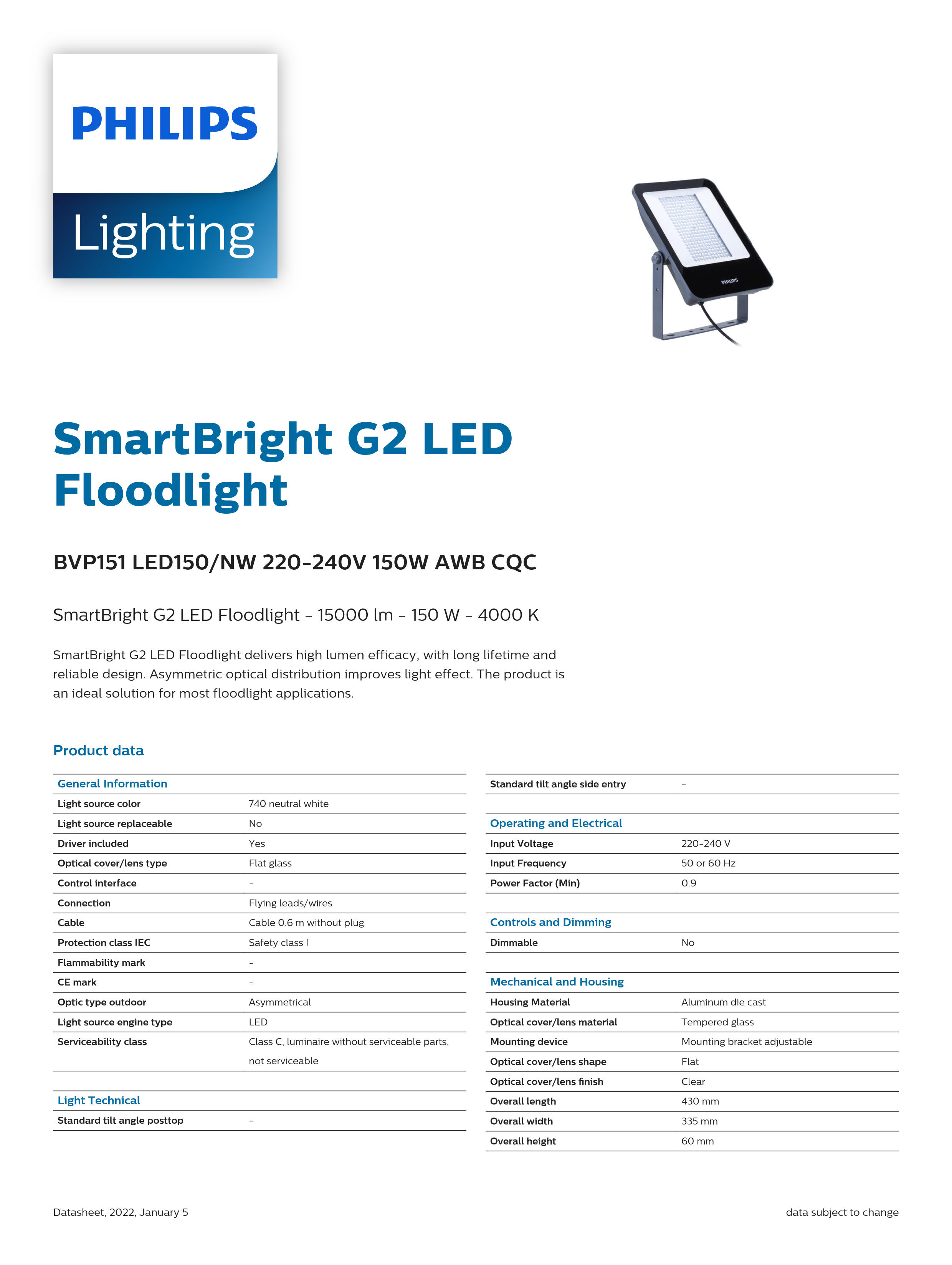 PHILIPS LED Flood light BVP151 LED150/NW 220-240V 150W AWB cQC 911401814580