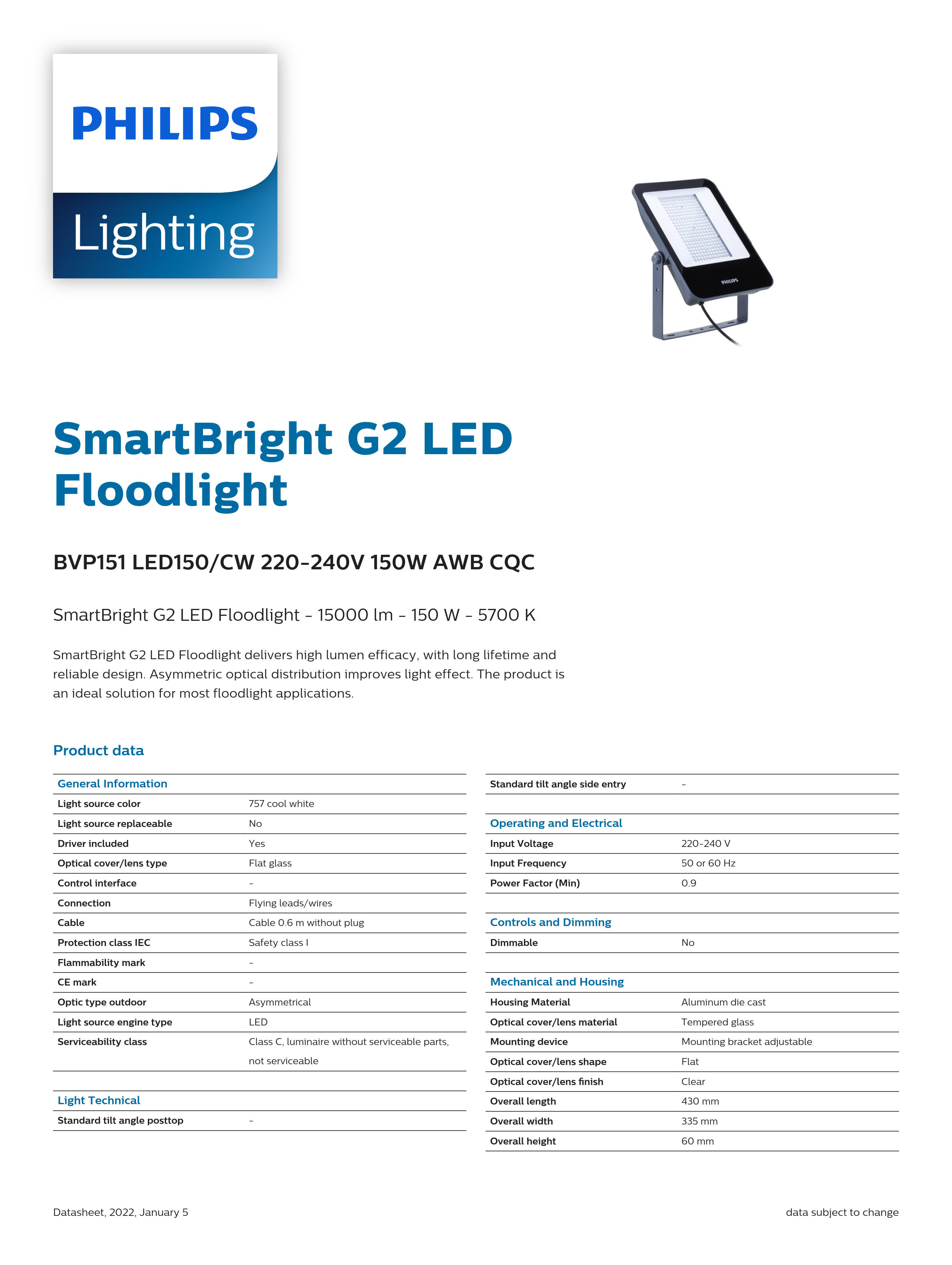 PHILIPS LED Floodl ight BVP151 LED150/CW 220-240V 150W AWB cQC 911401814680