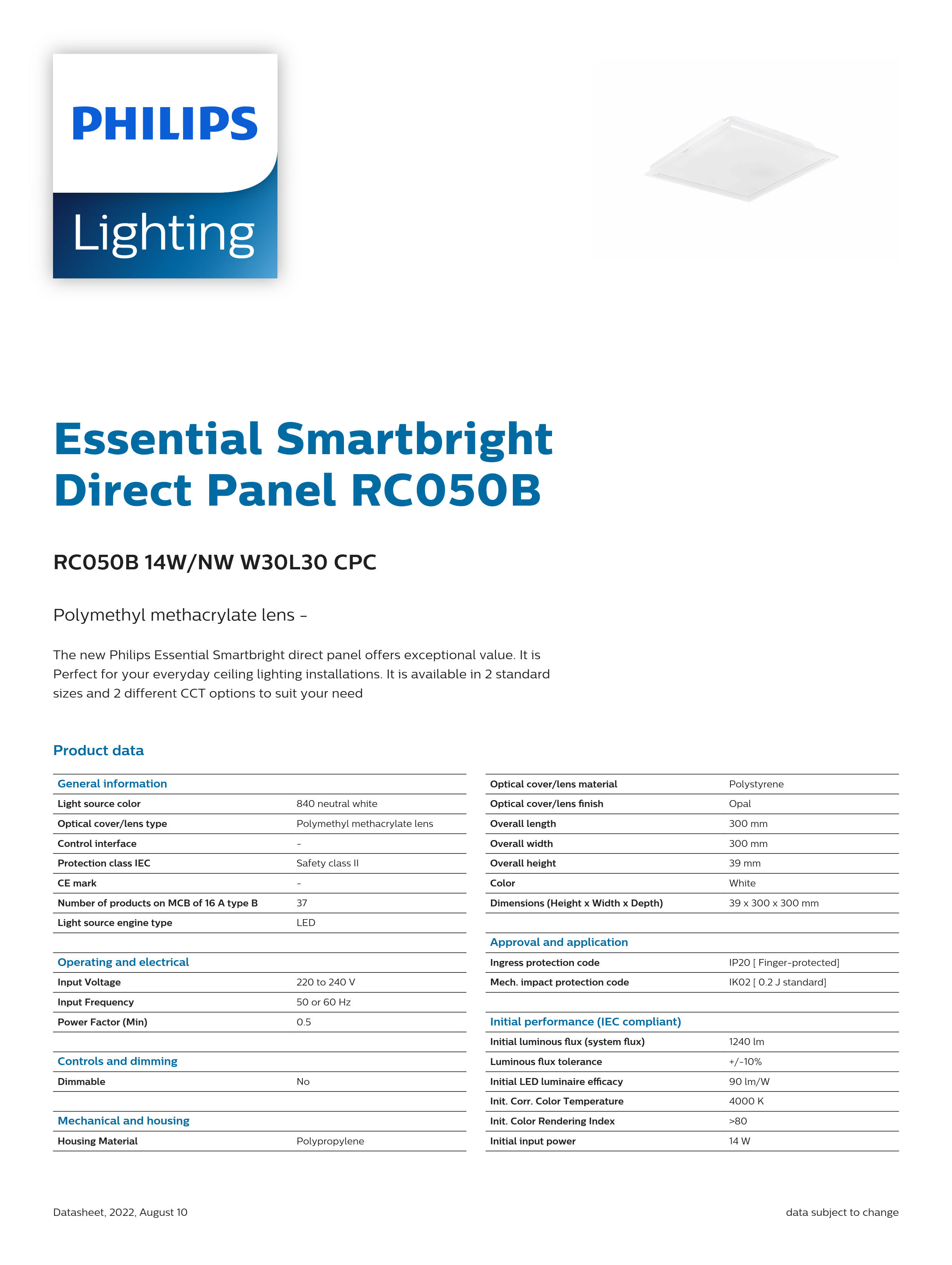 PHILIPS LED panel light  Essential Smartbright Direct Panel RC050B RC050B 14W/NW W30L30 CPC