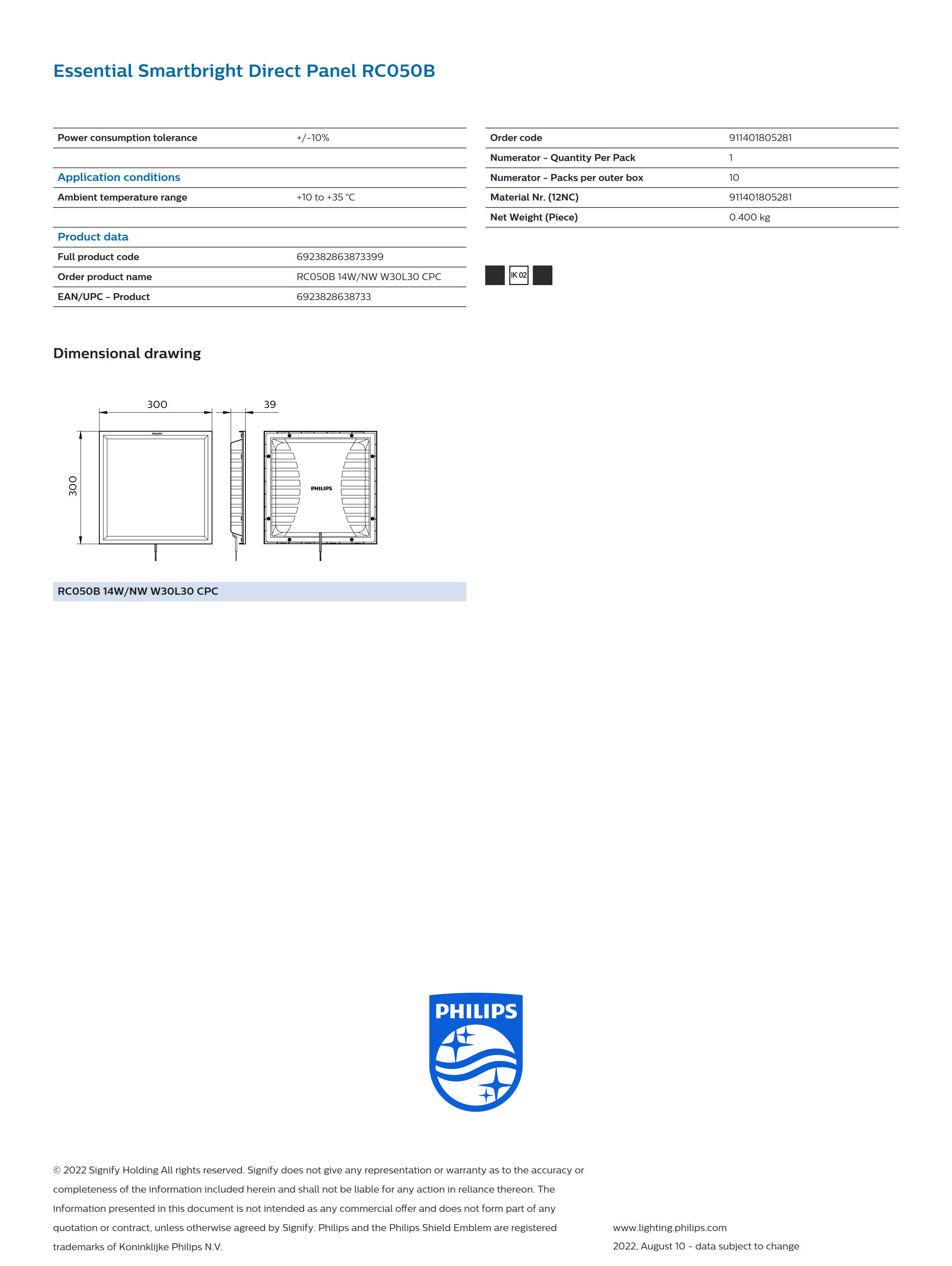 PHILIPS LED panel light  Essential Smartbright Direct Panel RC050B RC050B 14W/NW W30L30 CPC