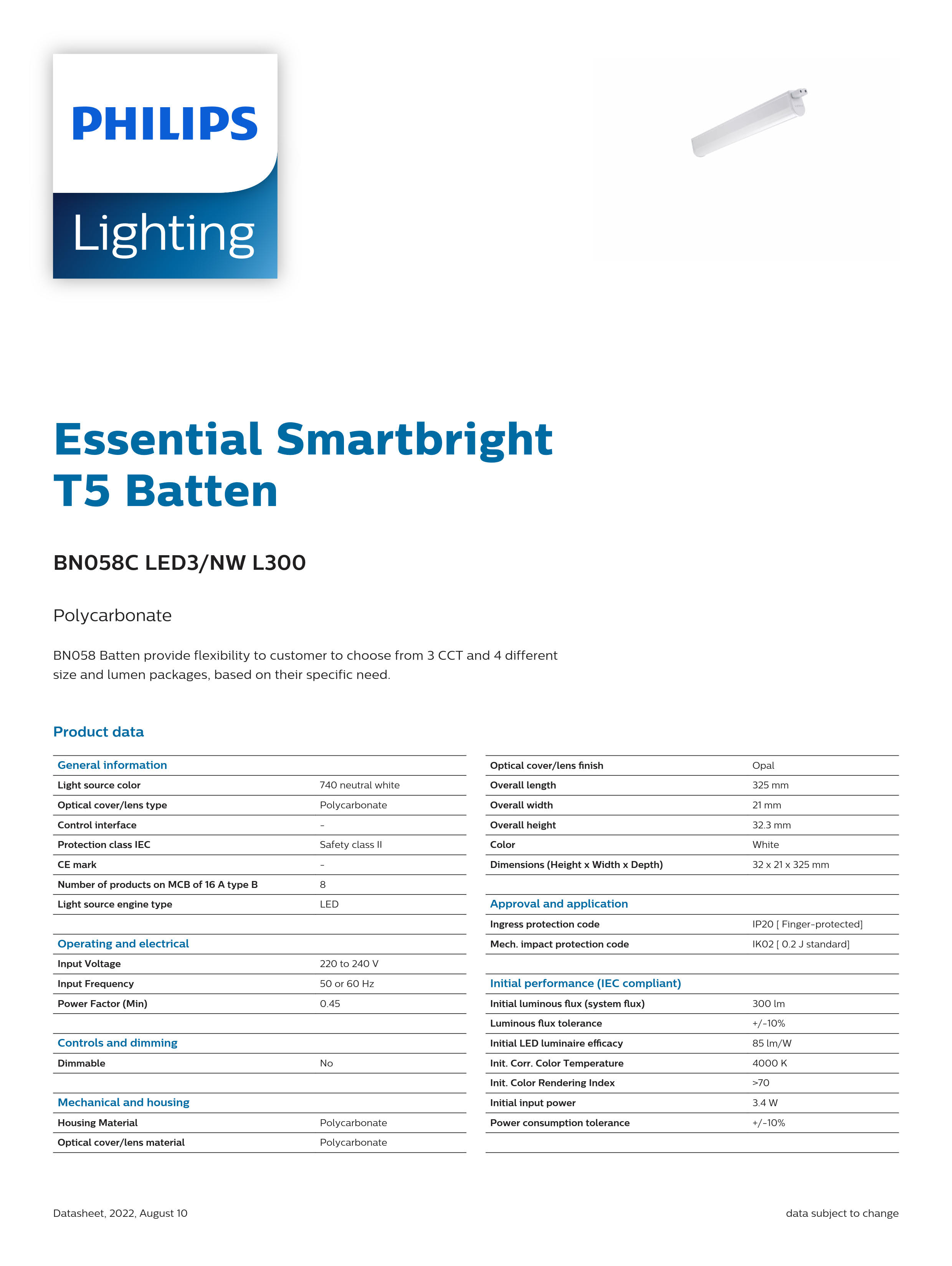 PHILIPS T5 Batten Light BN058C LED3/NW L300 911401709232