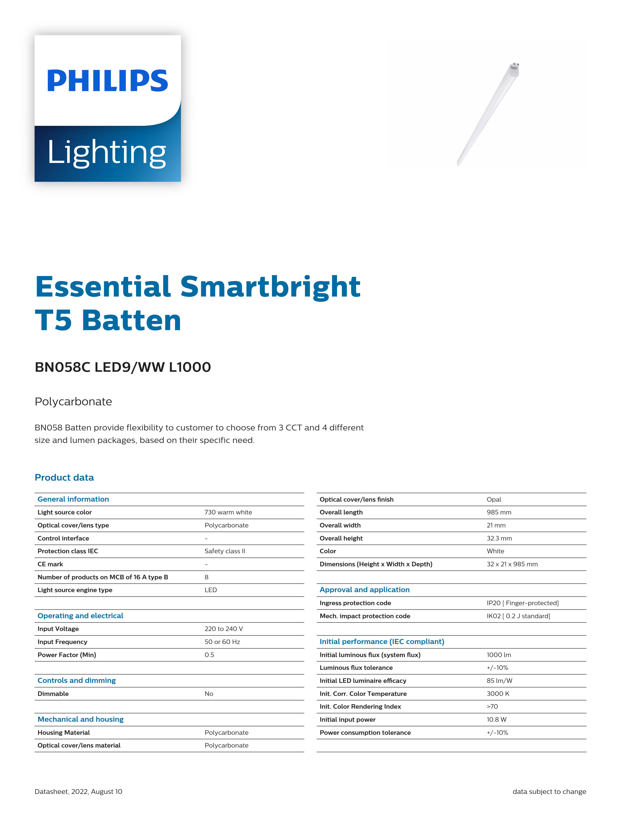 PHILIPS T5 Batten Light BN058C LED9/WW L1000 911401709372