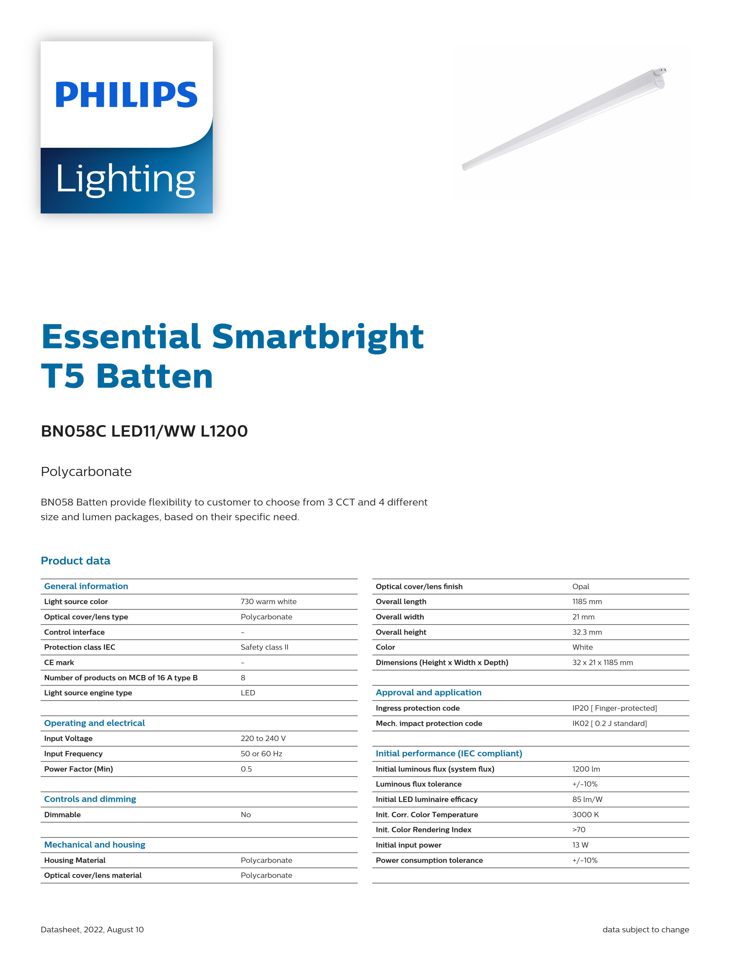 PHILIPS T5 Batten Light BN058C LED11/WW L1200 911401709132