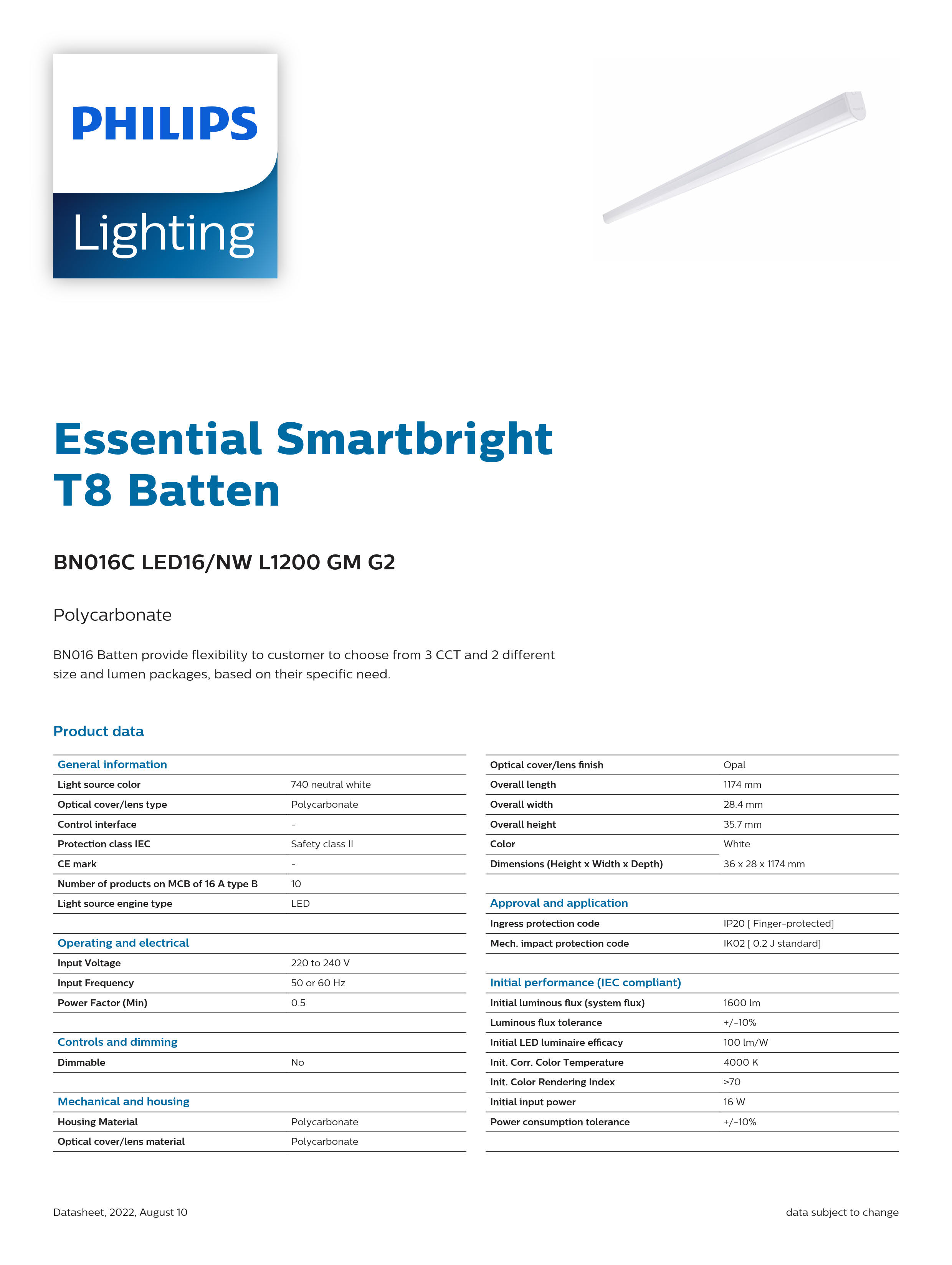 PHILIPS LED Batten Light BN016C LED16/NW L1200 GM G2 911401893381