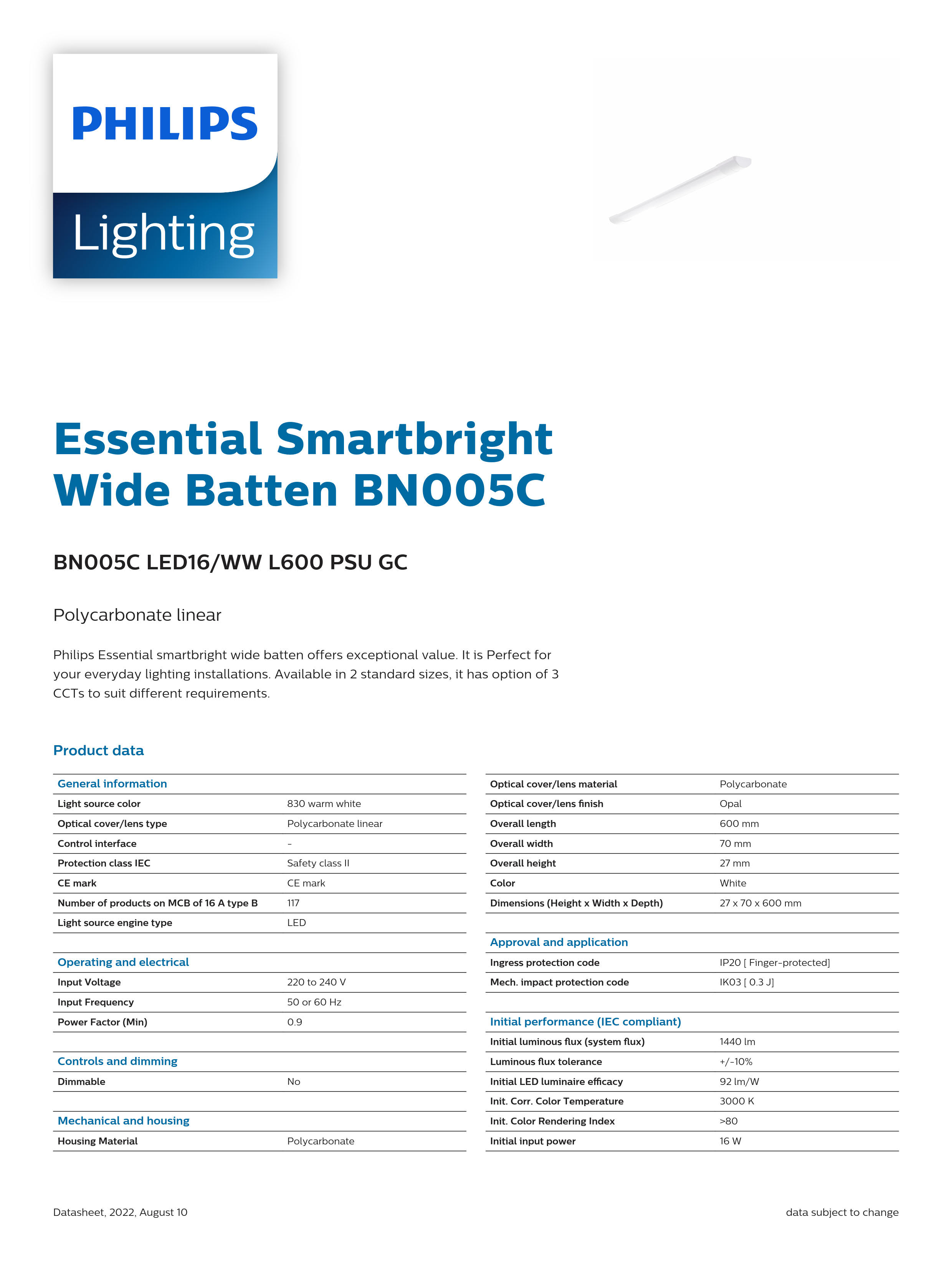 PHILIPS LED Batten Light BN005C LED16/WW L600 PSU GC 911401826981