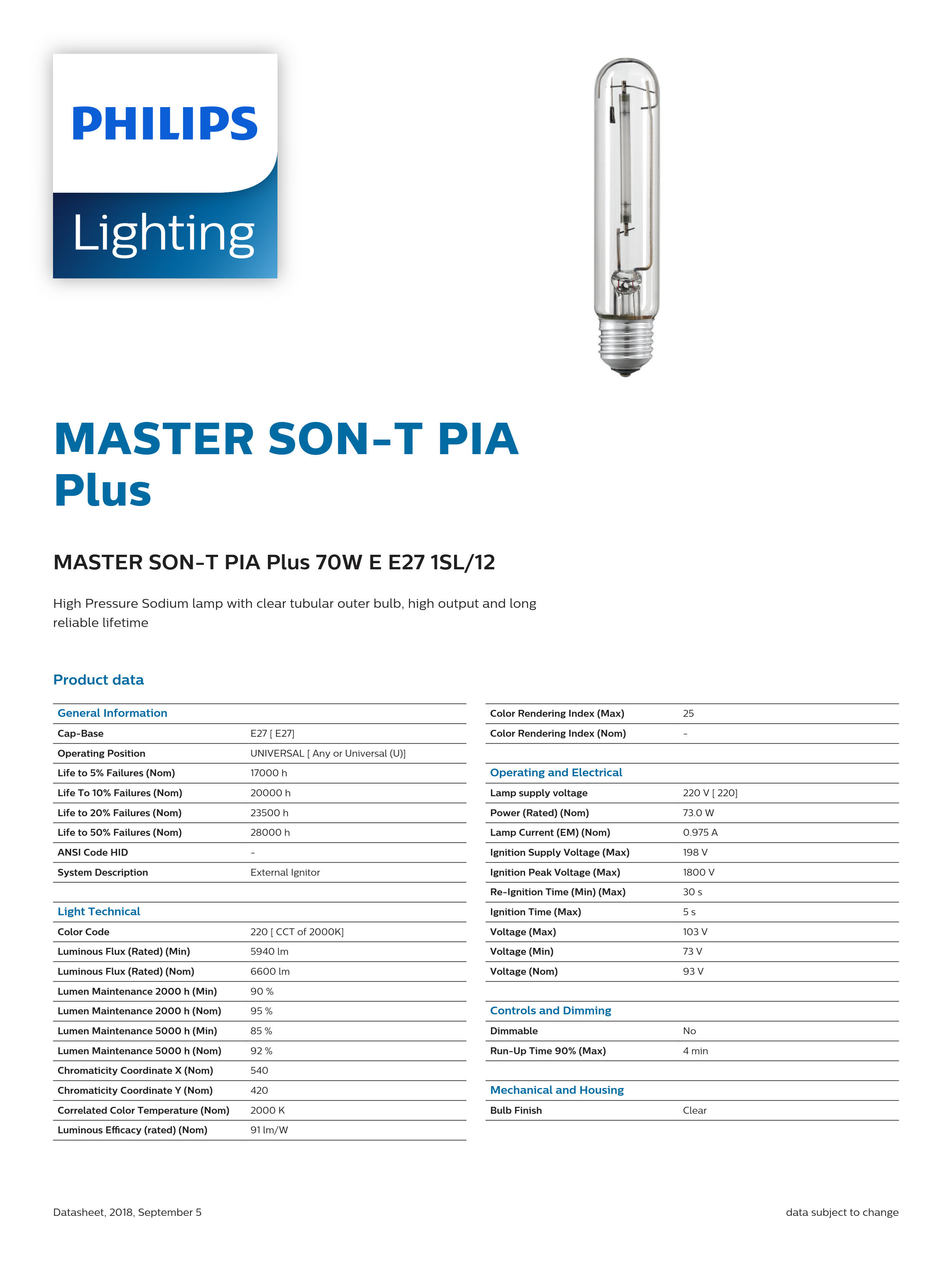 PHILIPS Sodium lamp MASTER SON-T PIA Plus 70W E E27 1SL/12 928483200093