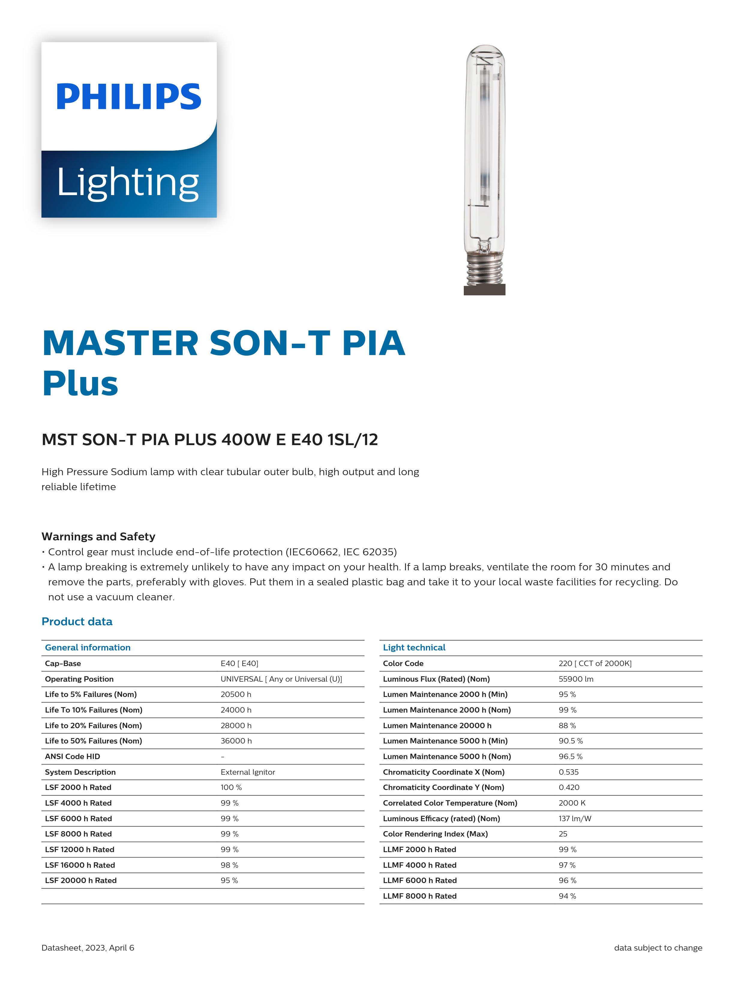 PHILIPS Sodium lamp MASTER SON-T PIA PLUS 400W E E40 1SL/12 928144809298