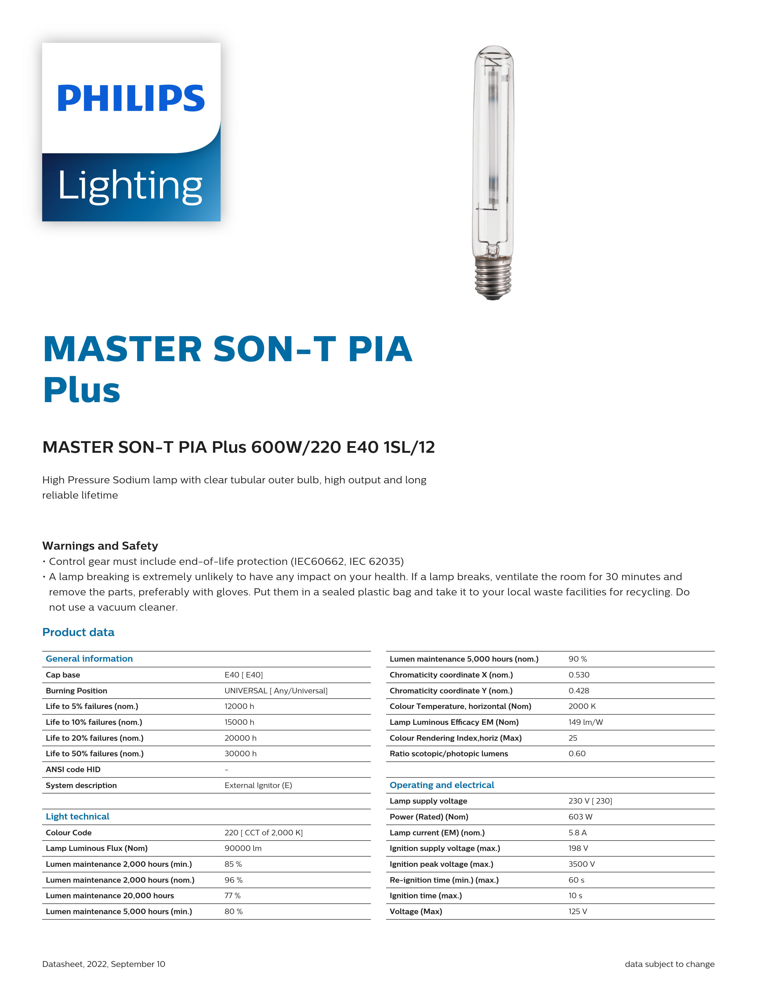 PHILIPS Sodium lamp MASTER SON-T PIA Plus 600W/220 E40 1SL/12 928158409227
