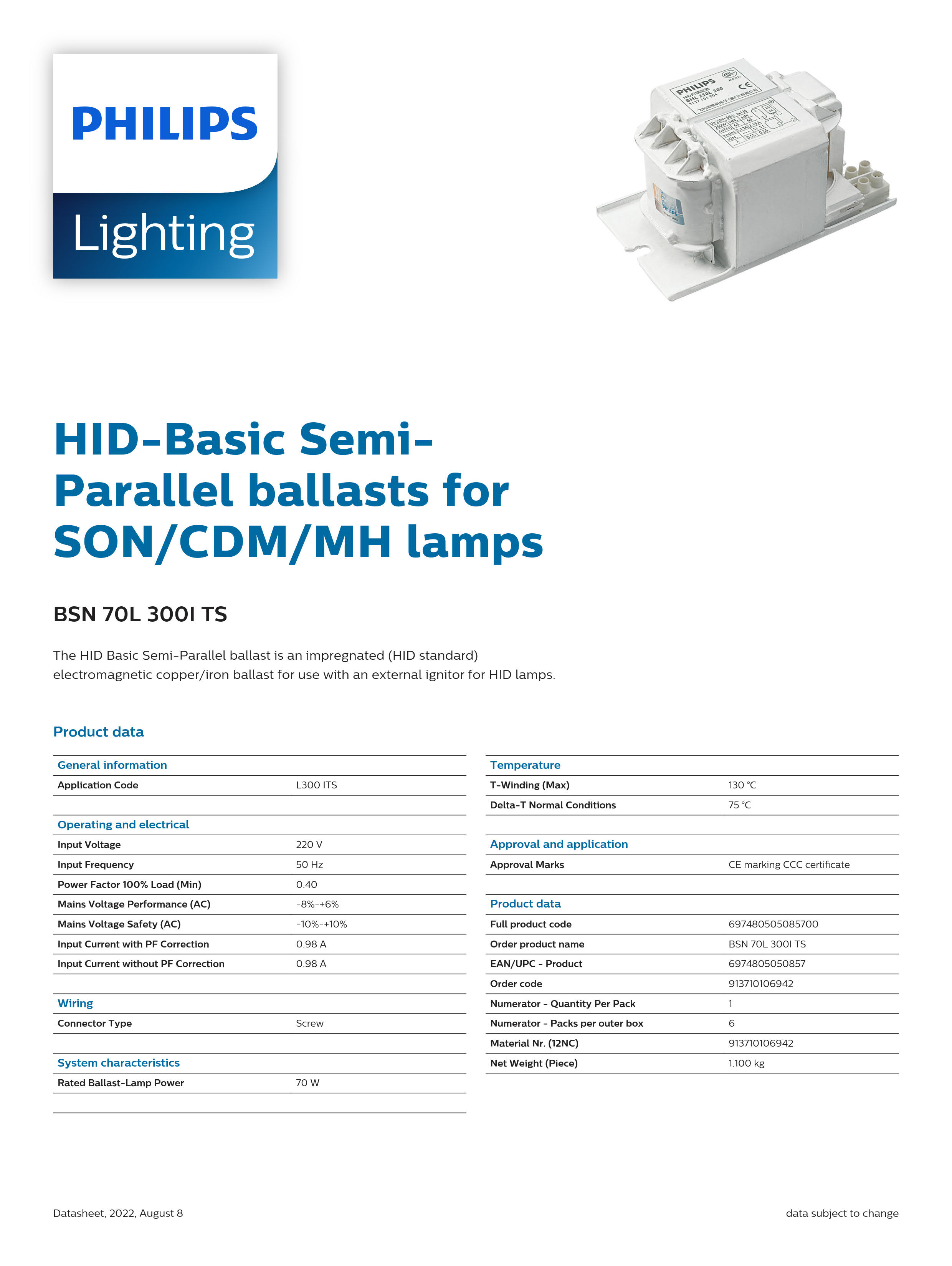 PHILIPS Sodium lamp Ballast BSN 70L 300I TS 913710106942