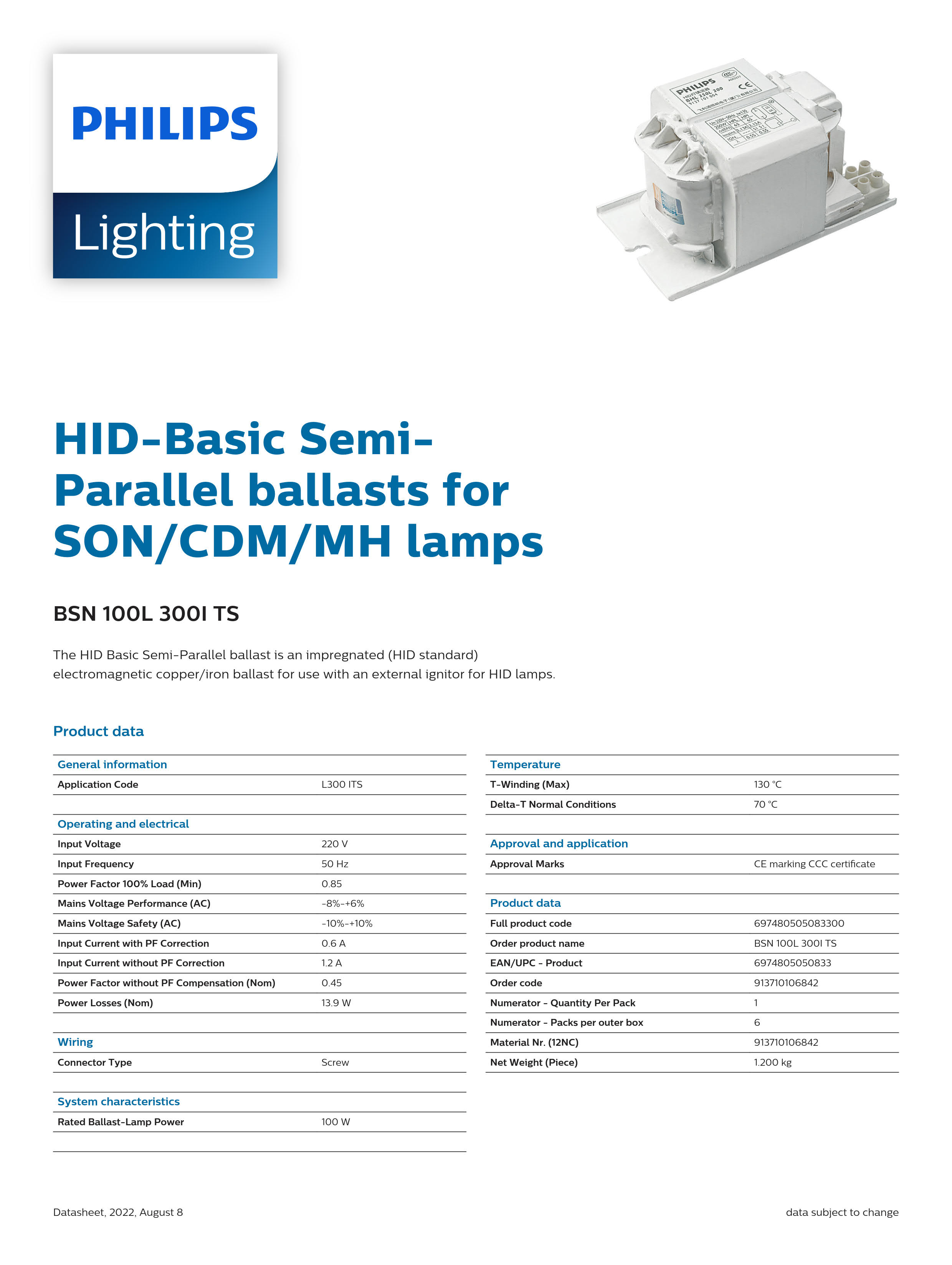 PHILIPS Sodium lamp Ballast BSN 100L 300I TS 913710106842