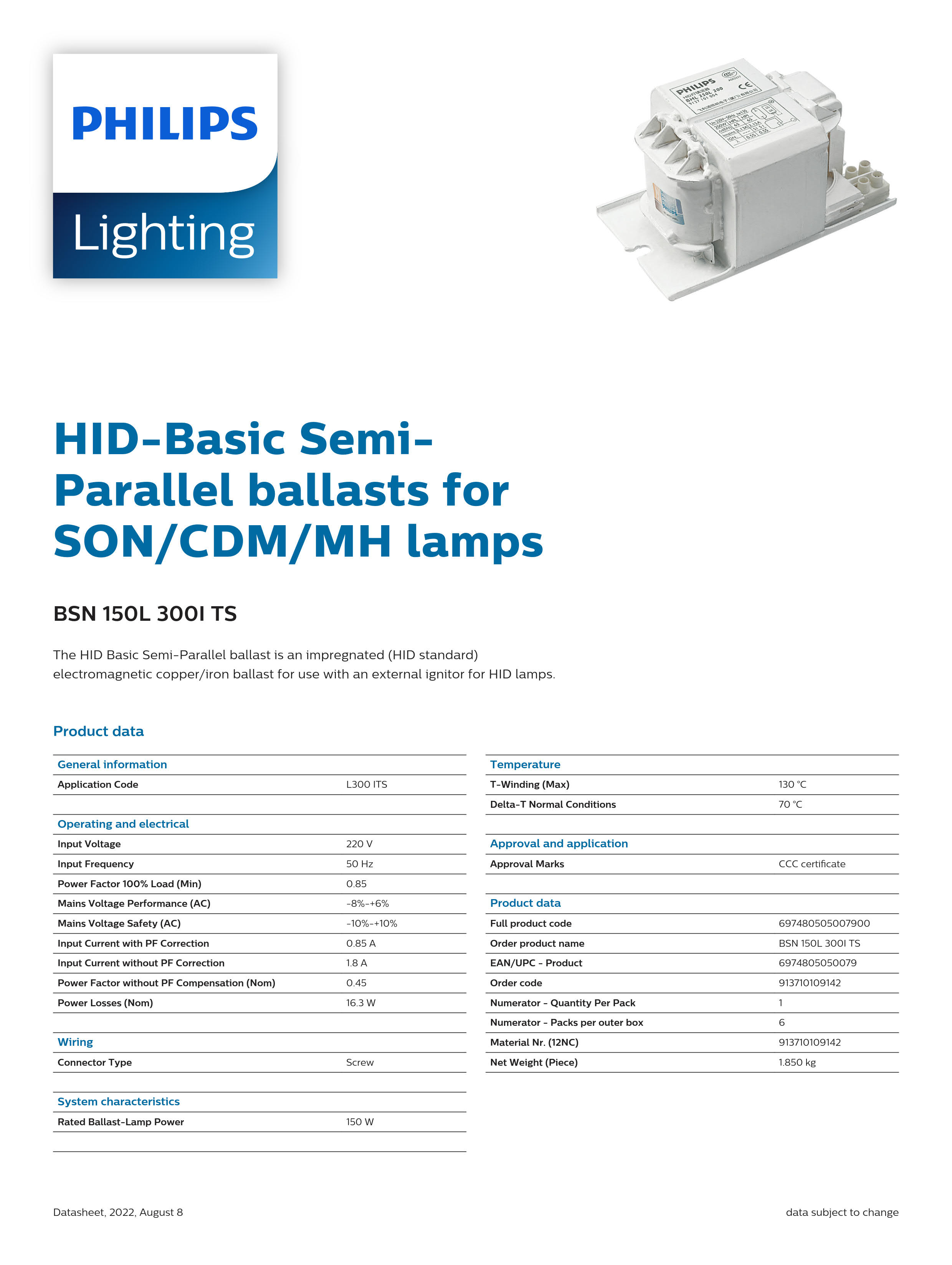 PHILIPS Sodium lamp Ballast BSN 150L 300I TS 913710109142