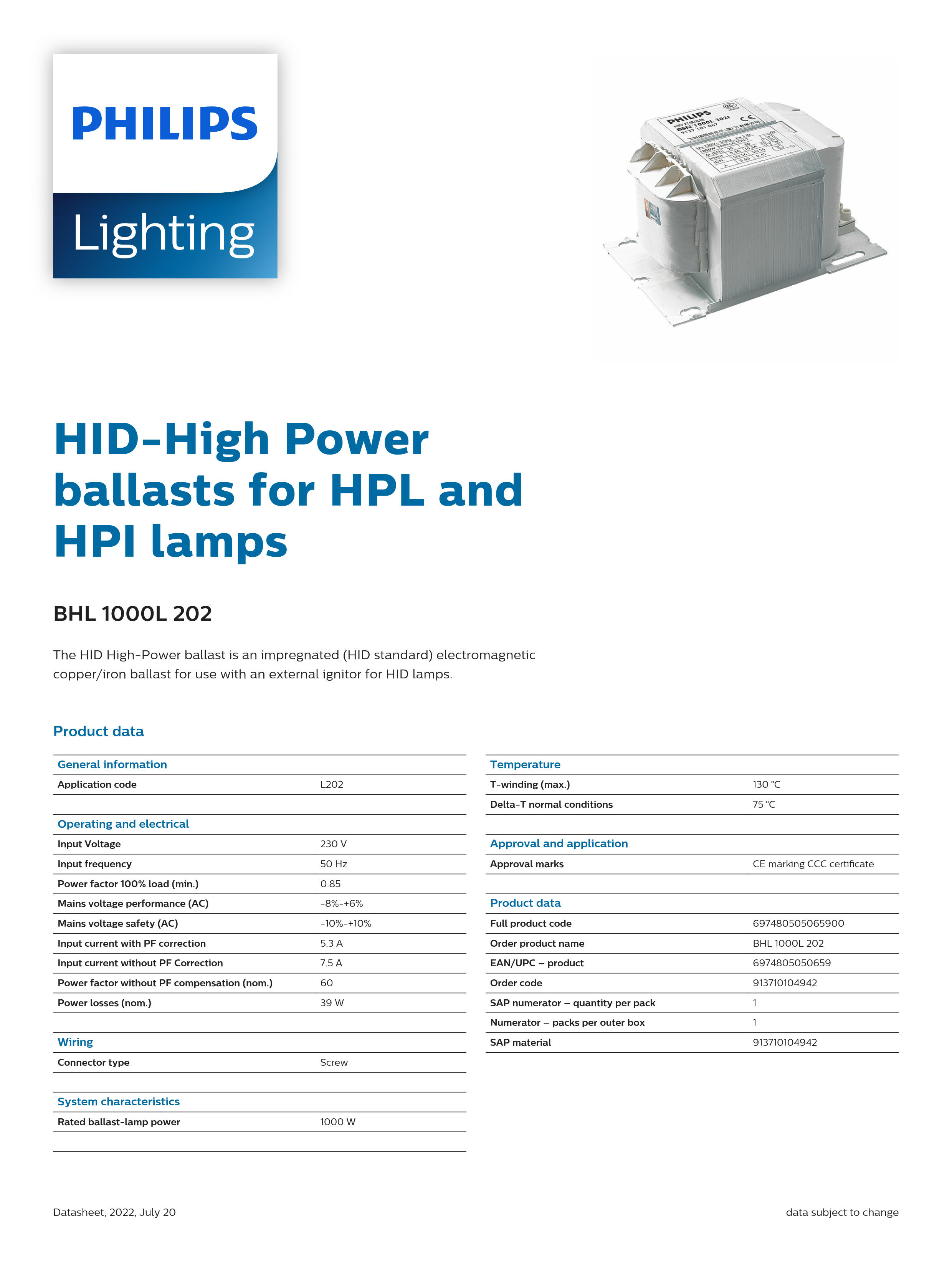 PHILIPS HID-Basic Ballasts for HPL and HPI Lamps BHL 1000L 202 913710104942