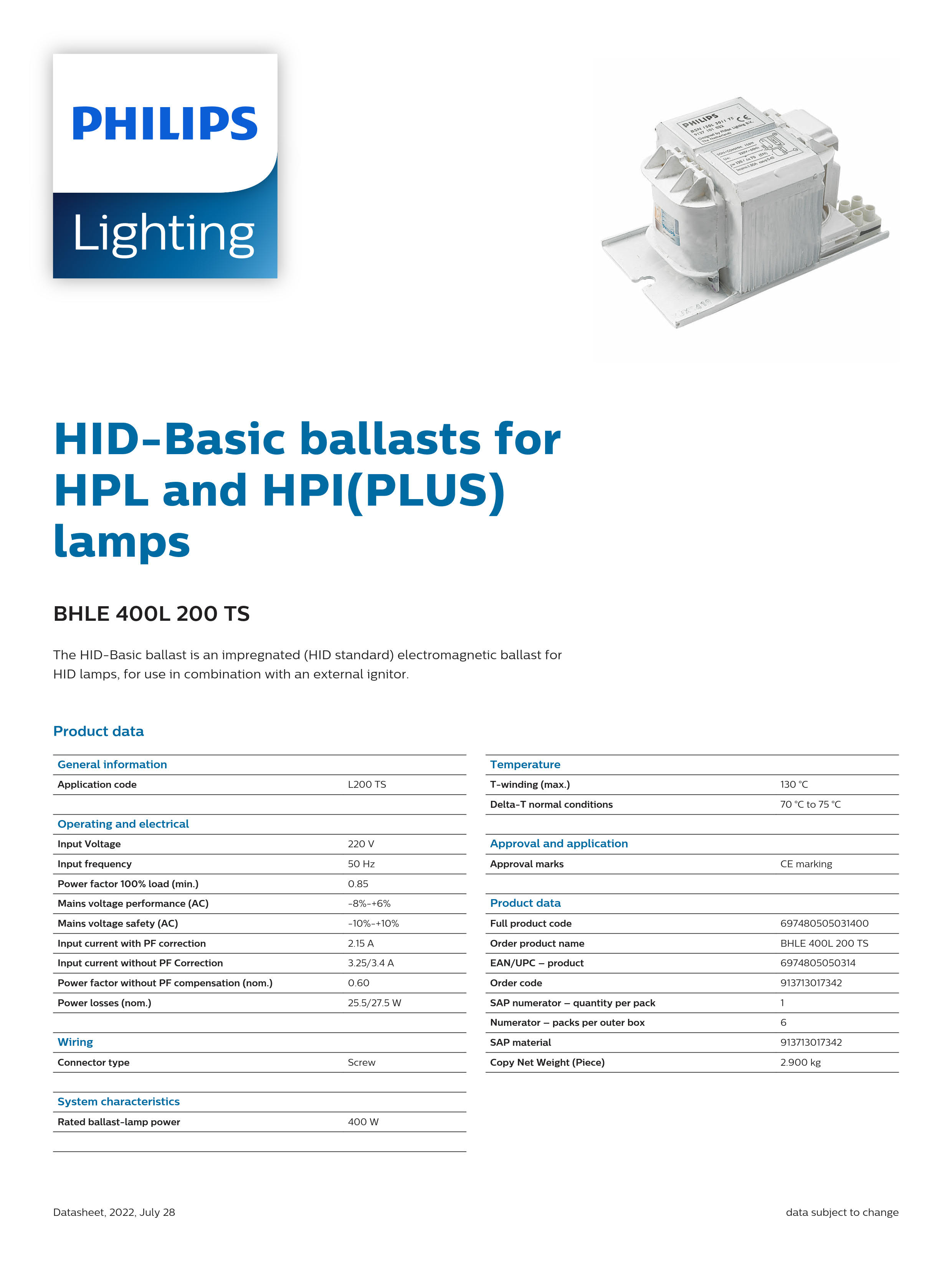 PHILIPS HID-Basic Ballasts for HPL and HPI(PLUS) Lamps BHLE 400L 200 TS 913713017342