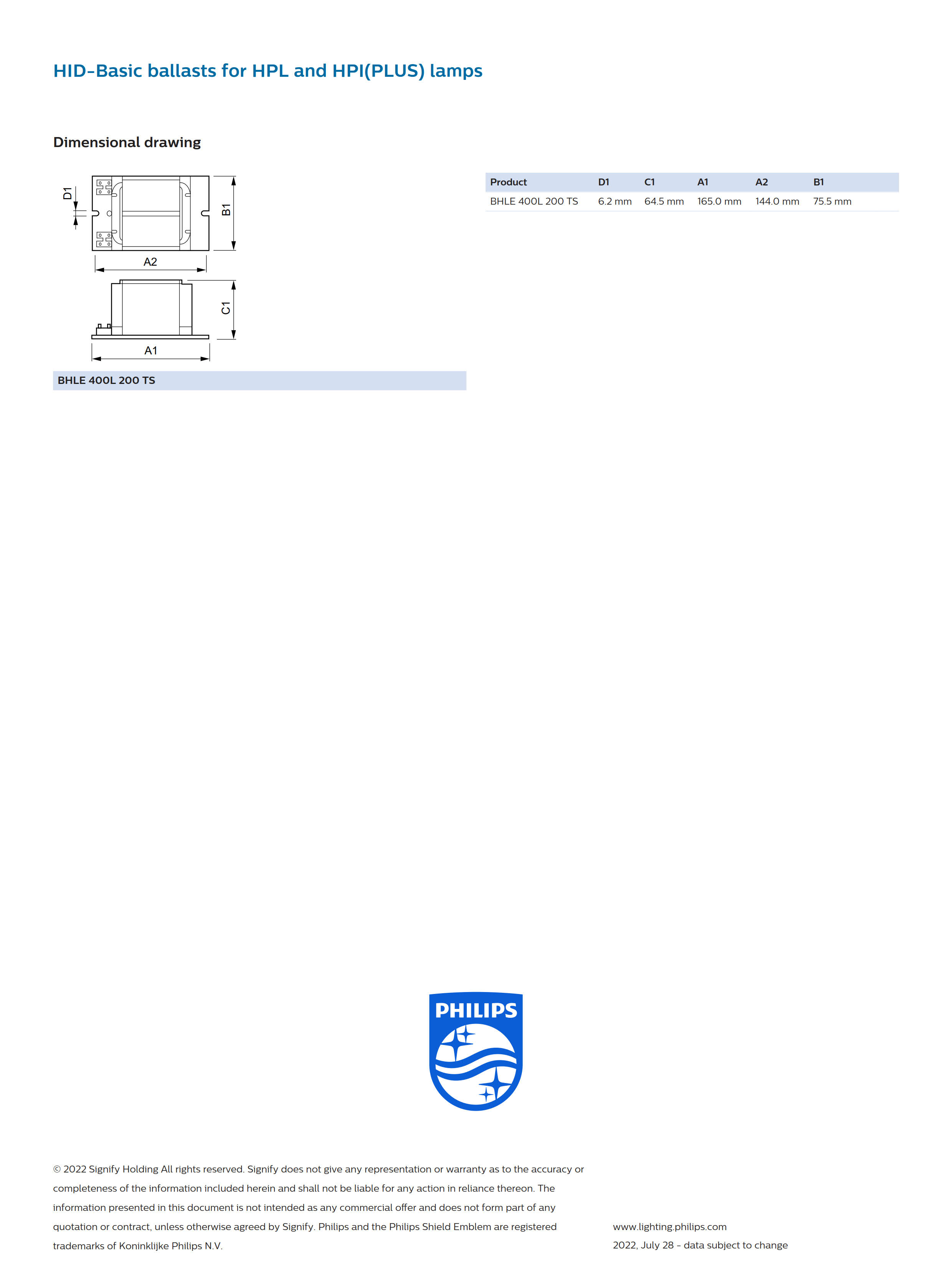 PHILIPS HID-Basic Ballasts for HPL and HPI(PLUS) Lamps BHLE 400L 200 TS 913713017342