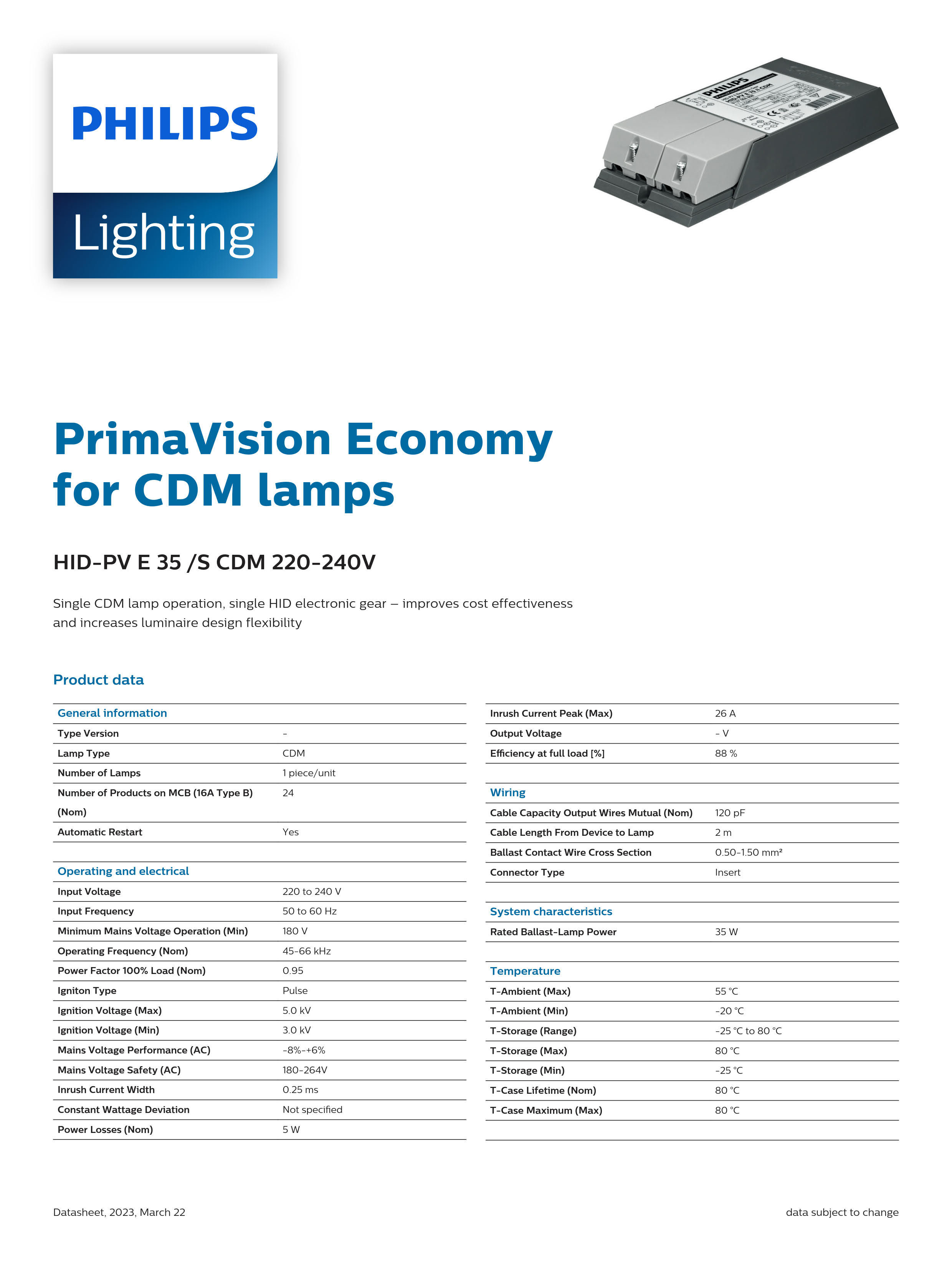 PHILIPS ballast HID-PV E 35/S CDM 220-240V 913700680766