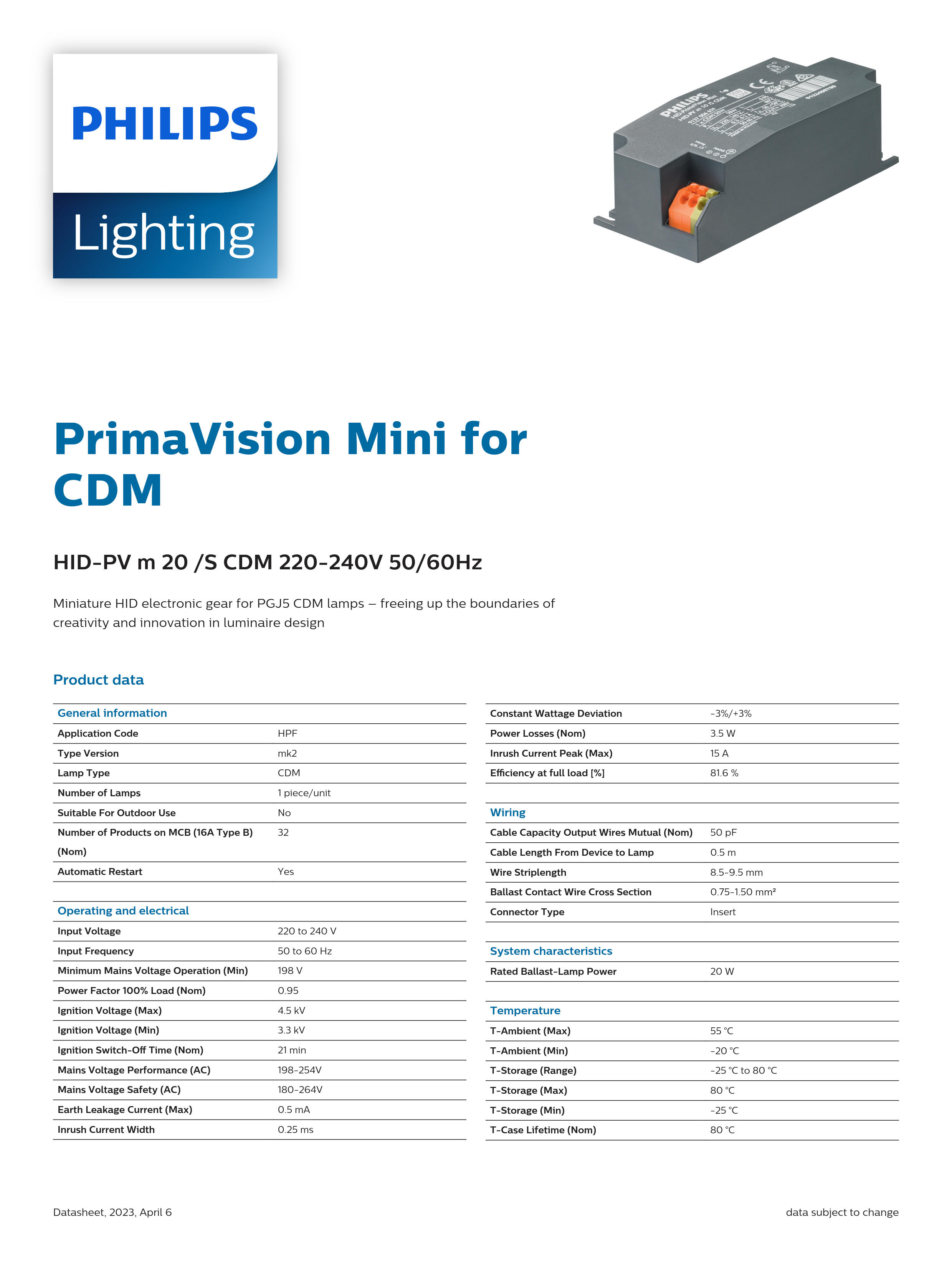 PHILIPS ballast HID-PV m 20 /s CDM 220-240V 50/60Hz 913700696066