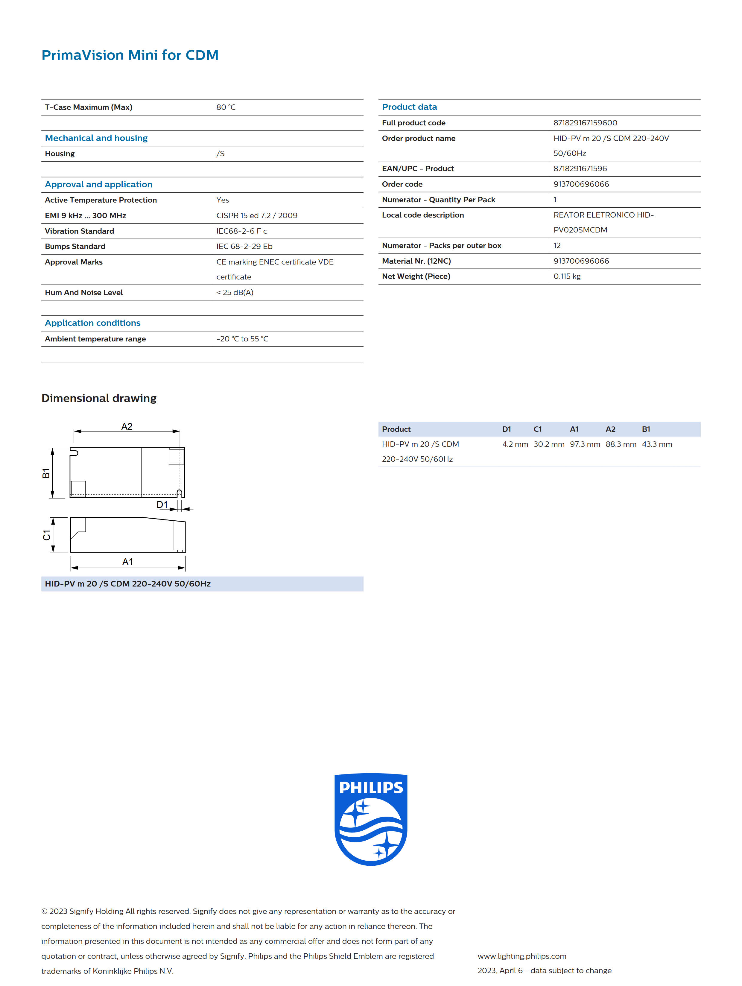 PHILIPS ballast HID-PV m 20 /s CDM 220-240V 50/60Hz 913700696066