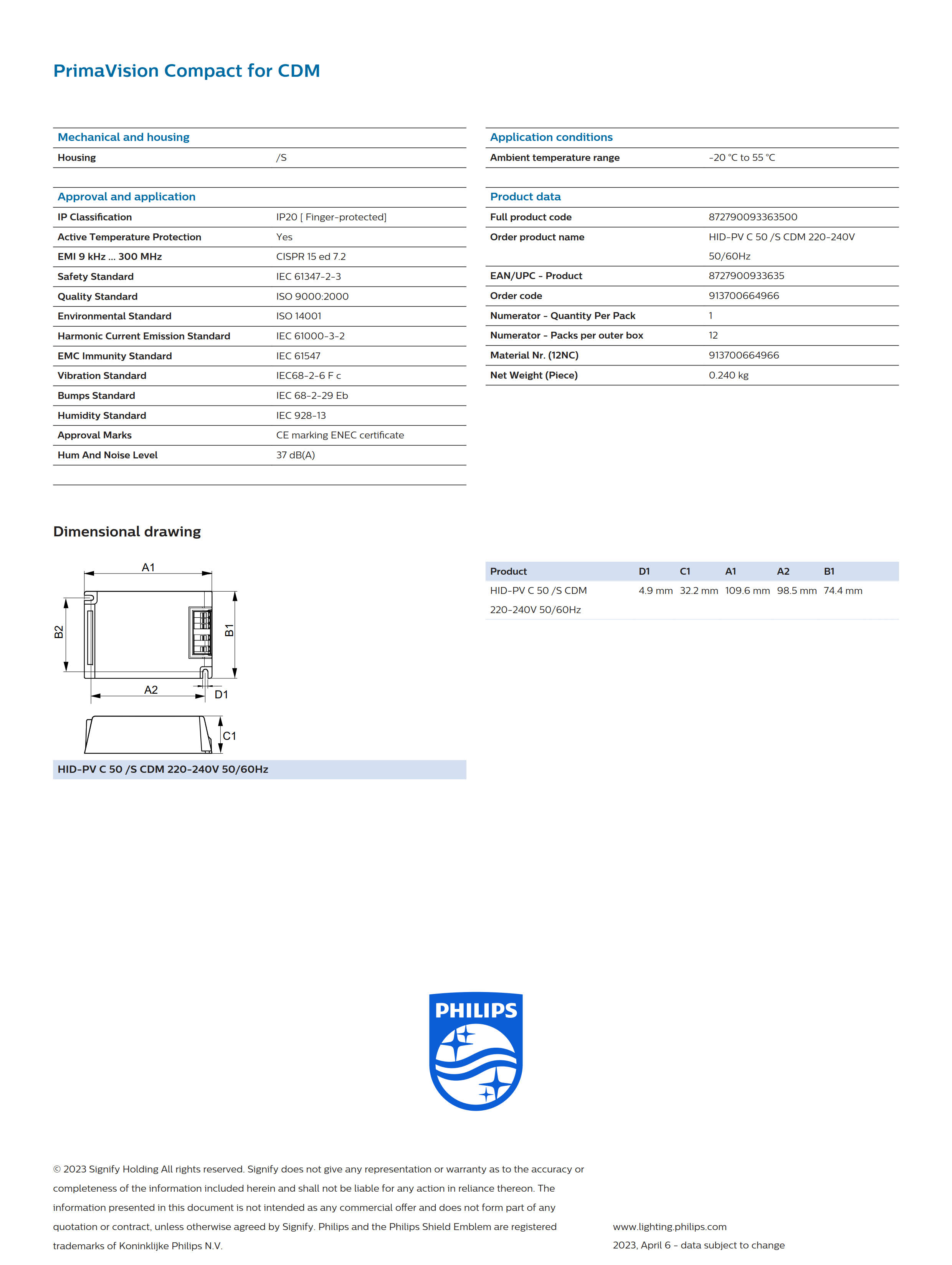 PHILIPS ballast HID-PV C 50 /S CDM 220-240V 50/60Hz 913700664966