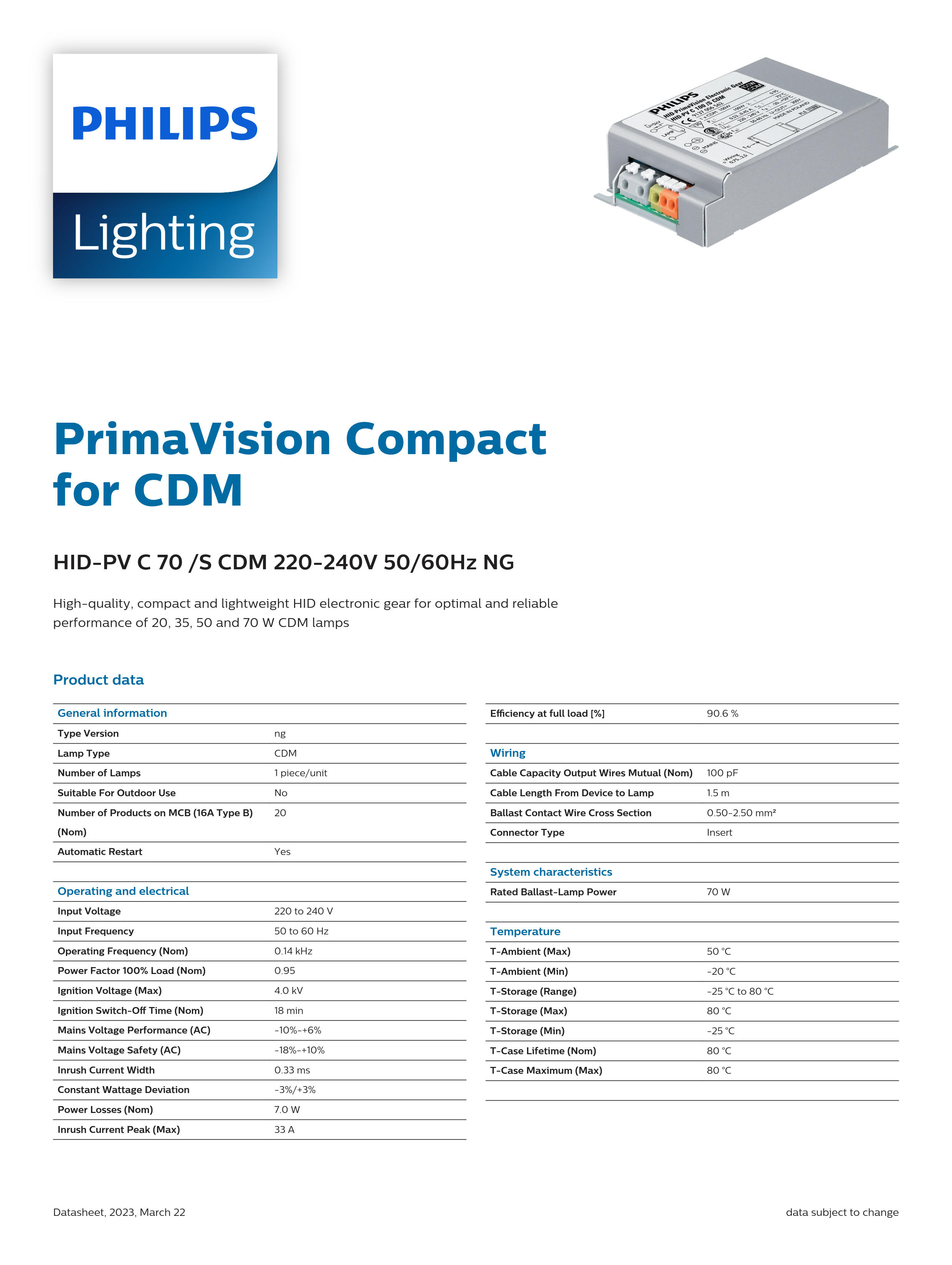 PHILIPS ballast HID-PV C 70/S CDM 220-240V 50/60Hz NG 913700652966