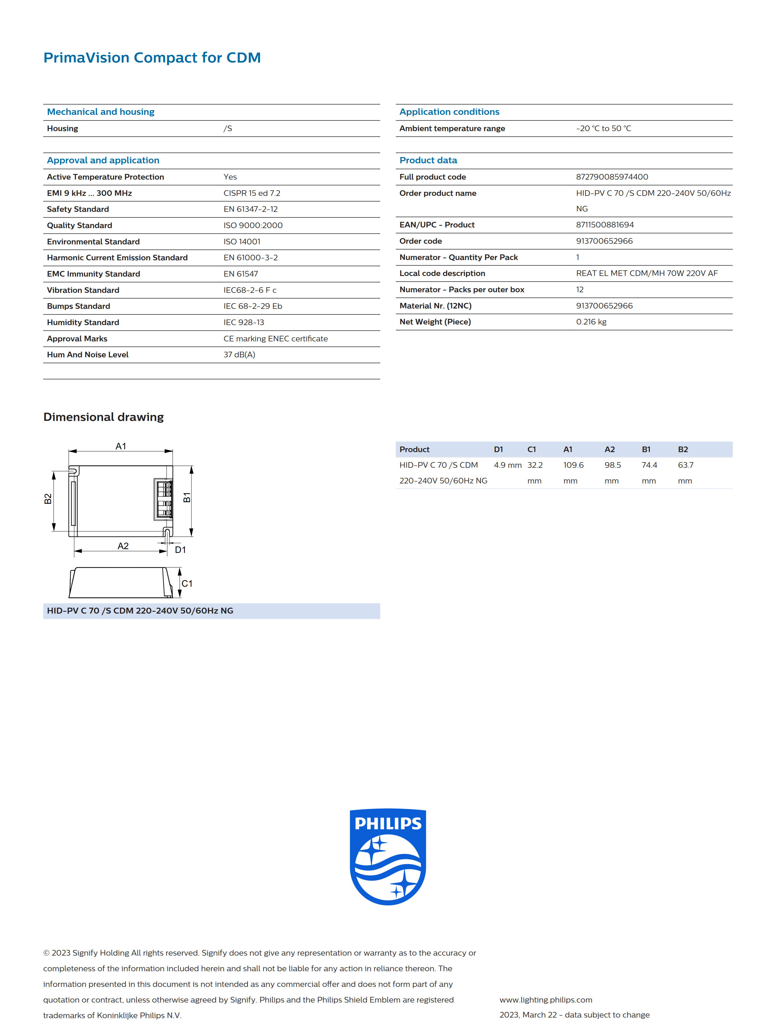 PHILIPS ballast HID-PV C 70/S CDM 220-240V 50/60Hz NG 913700652966