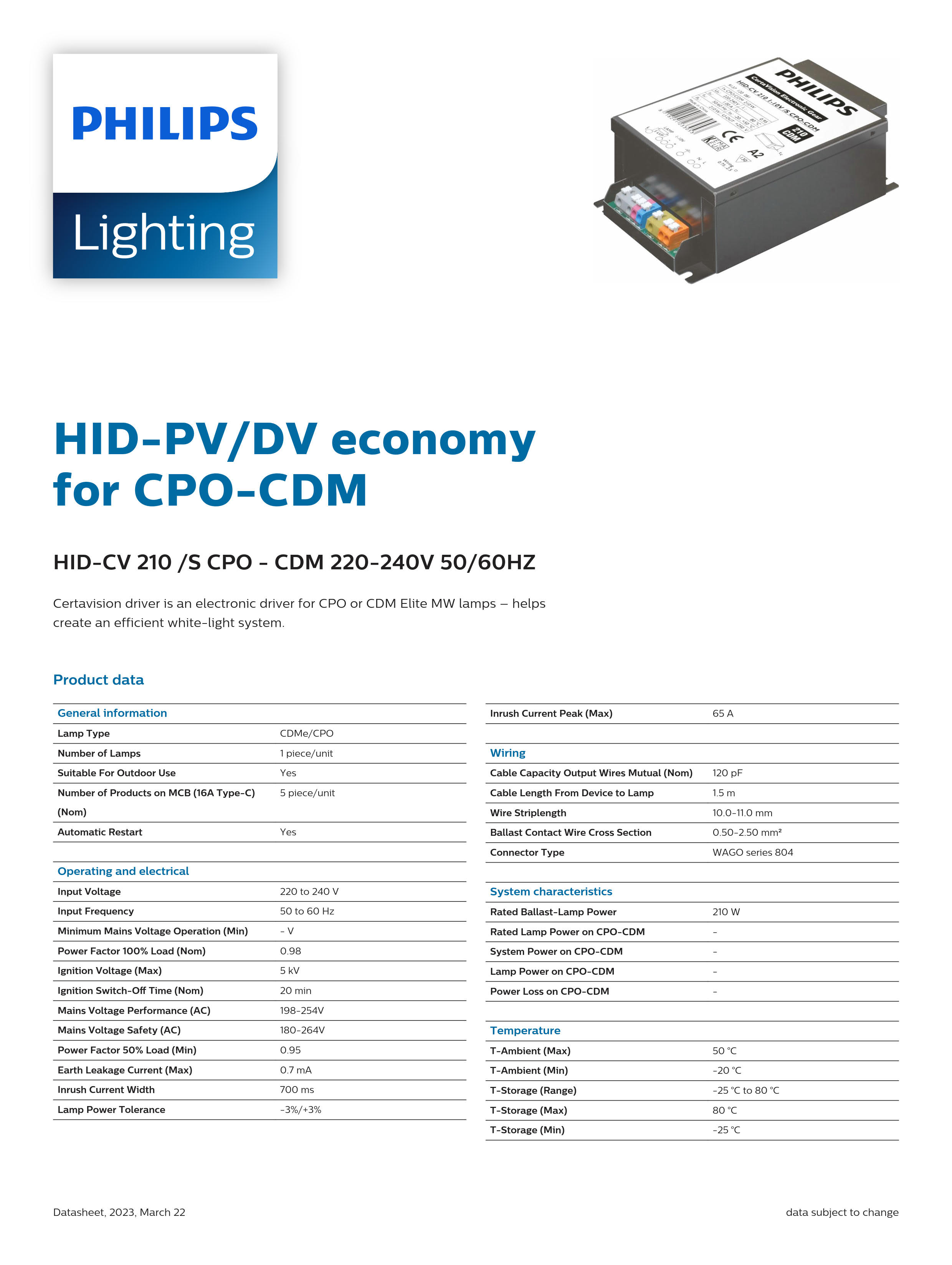 PHILIPS BALLAST HID-CV 210_s CPO – CDM 220-240V 50_60HZ 913712008070