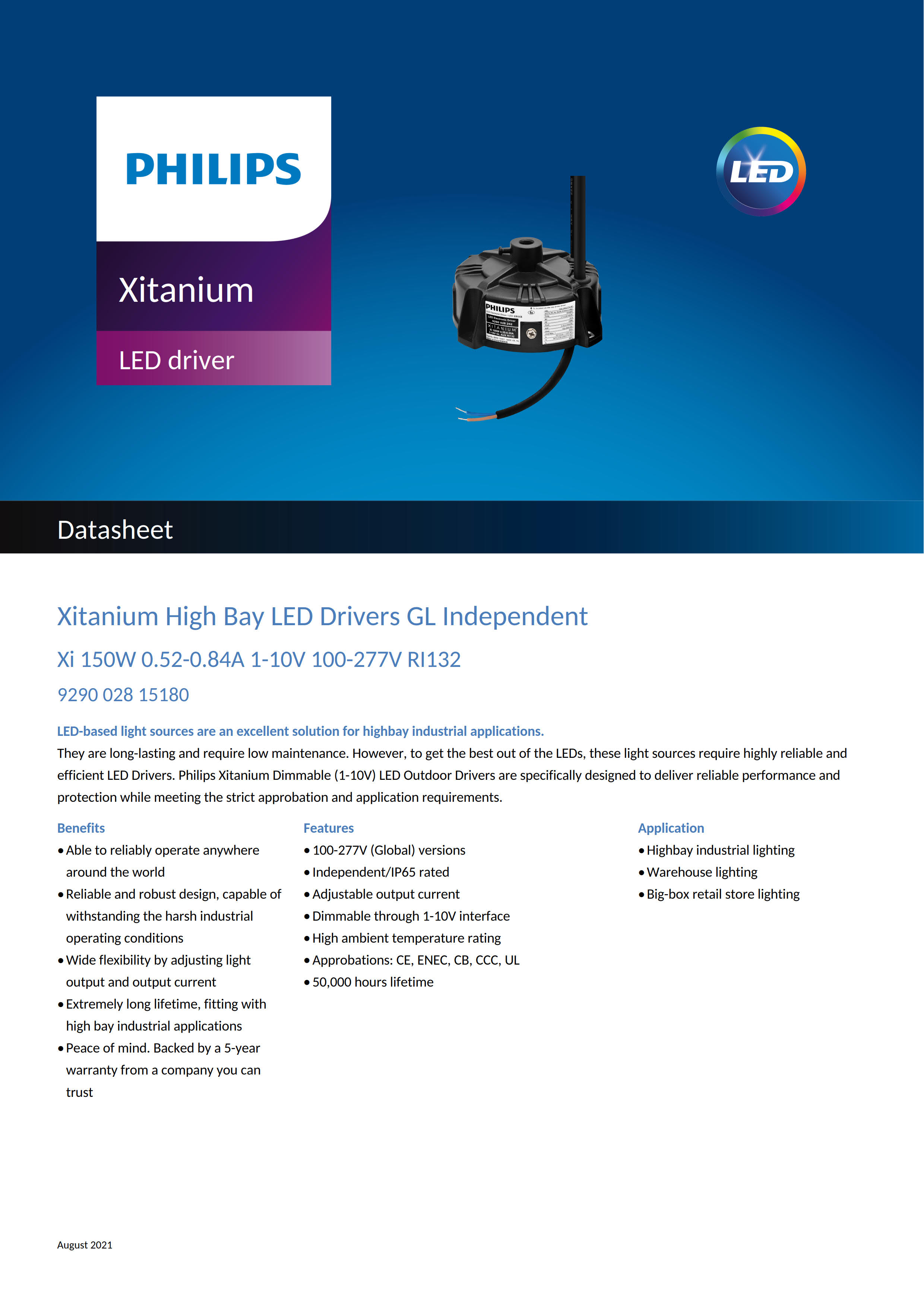 PHILIPS Xitanium High Bay LED Drivers Xi 150W 0.52-0.84A 1-10V 100-277V RI132 929002815180