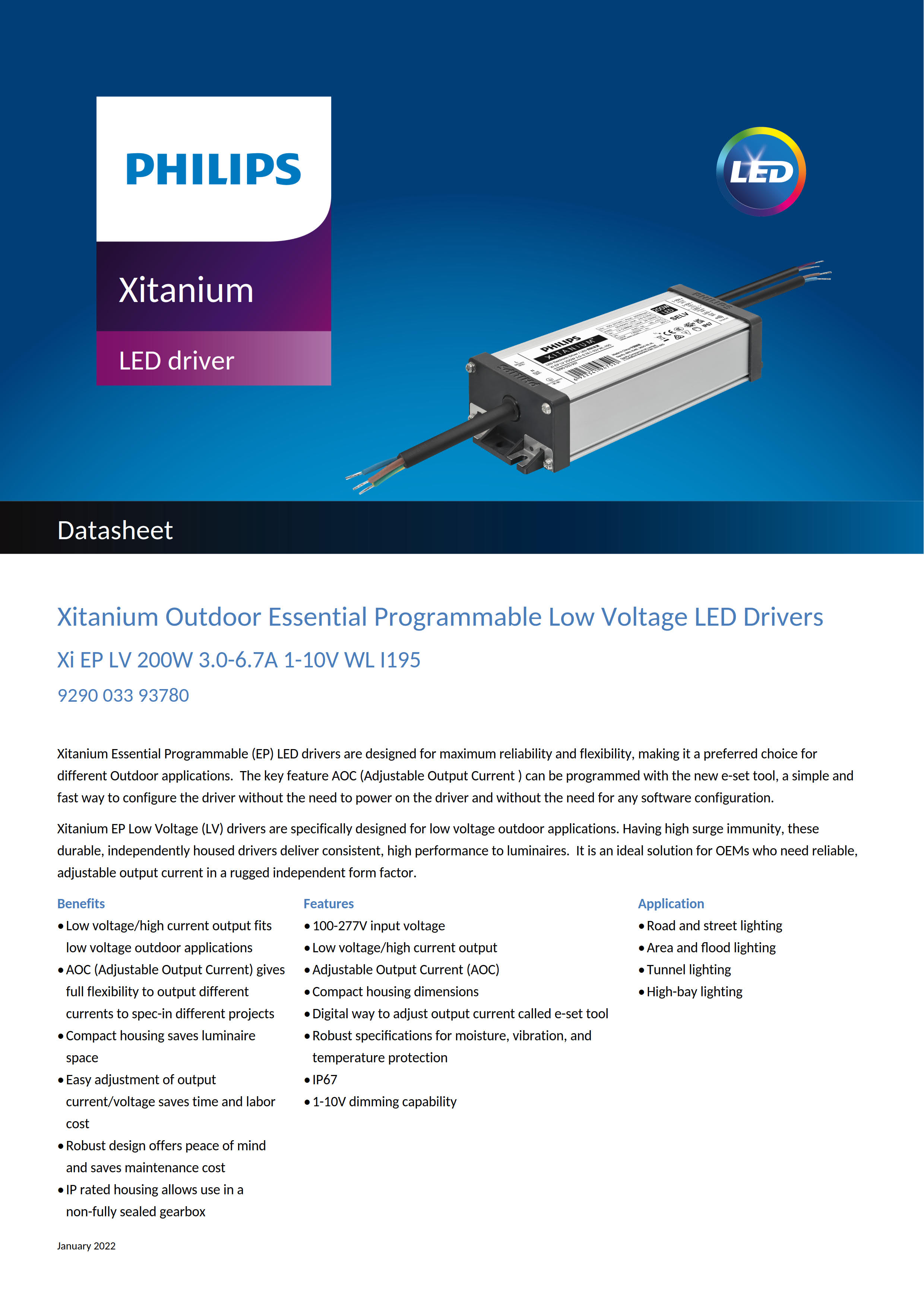 PHILIPS Xitanium Outdoor LED Drivers Xi EP LV 200W 3.0-6.7A 1-10V WL I195 929003393780