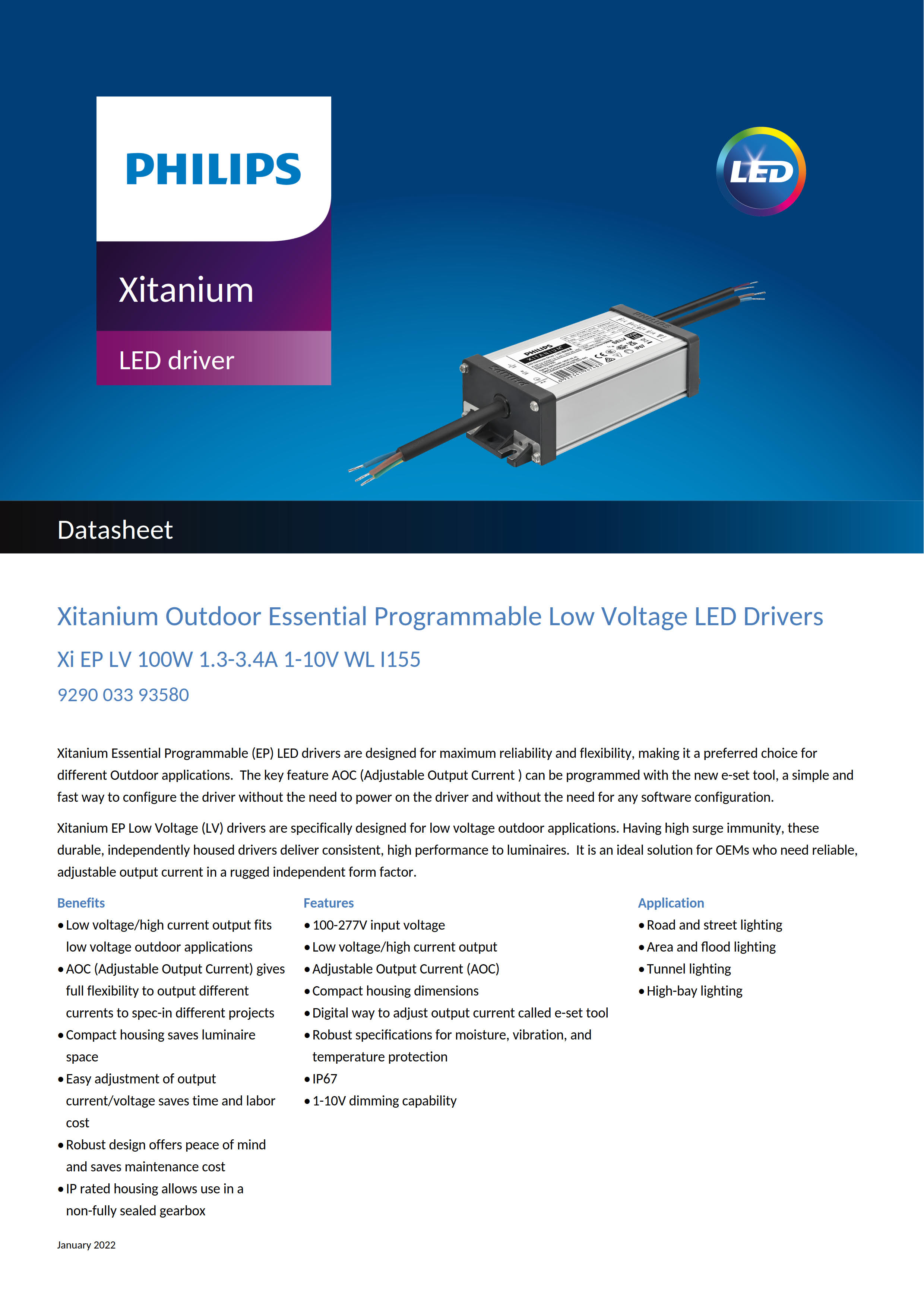 PHILIPS Xitanium Outdoor LED Drivers Xi EP LV 100W 1.3-3.4A 1-10V WL I155 929003393580
