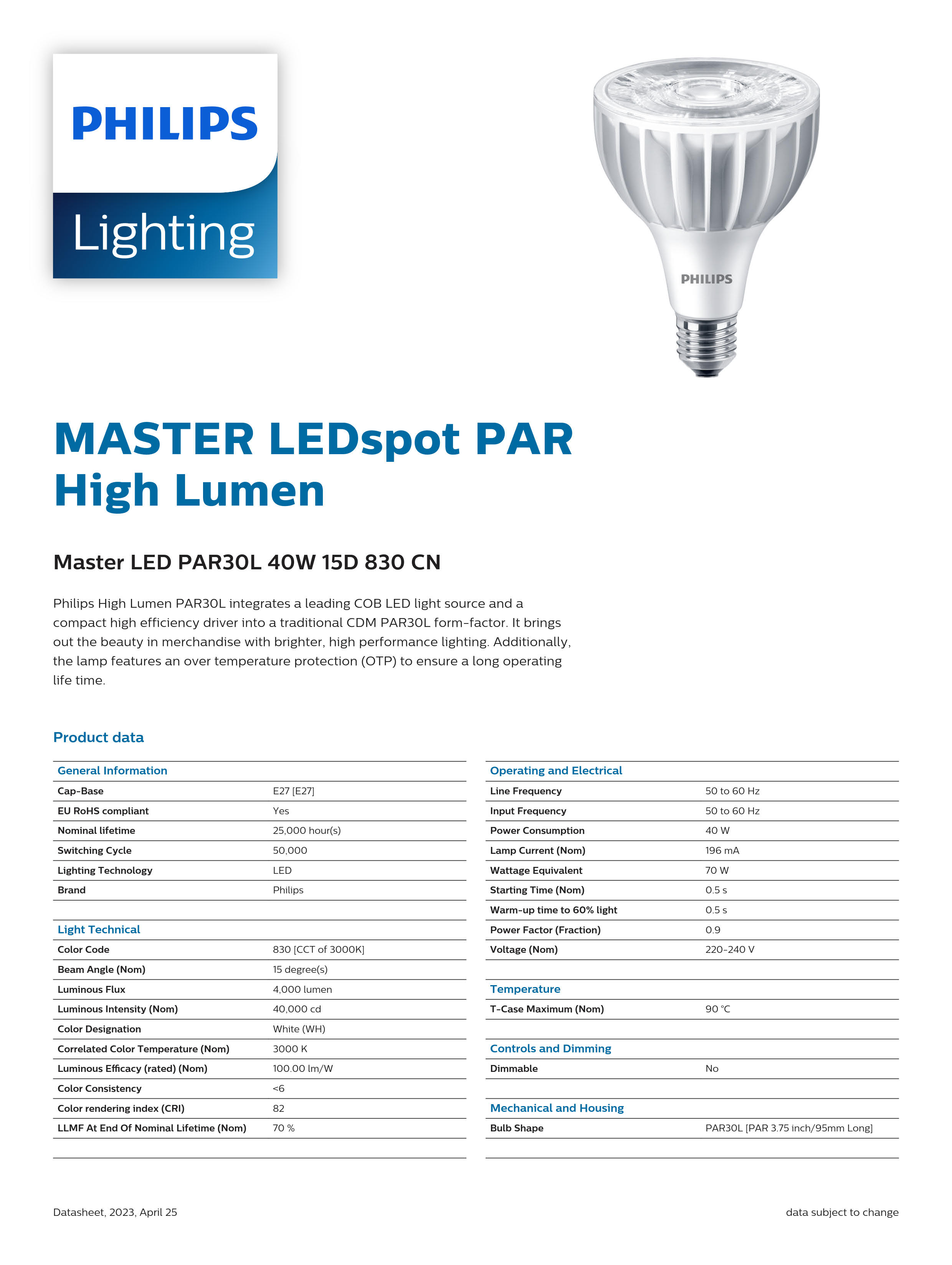 PHILIPS Master LED PAR30L 40W 15D 830 CN 929001374410