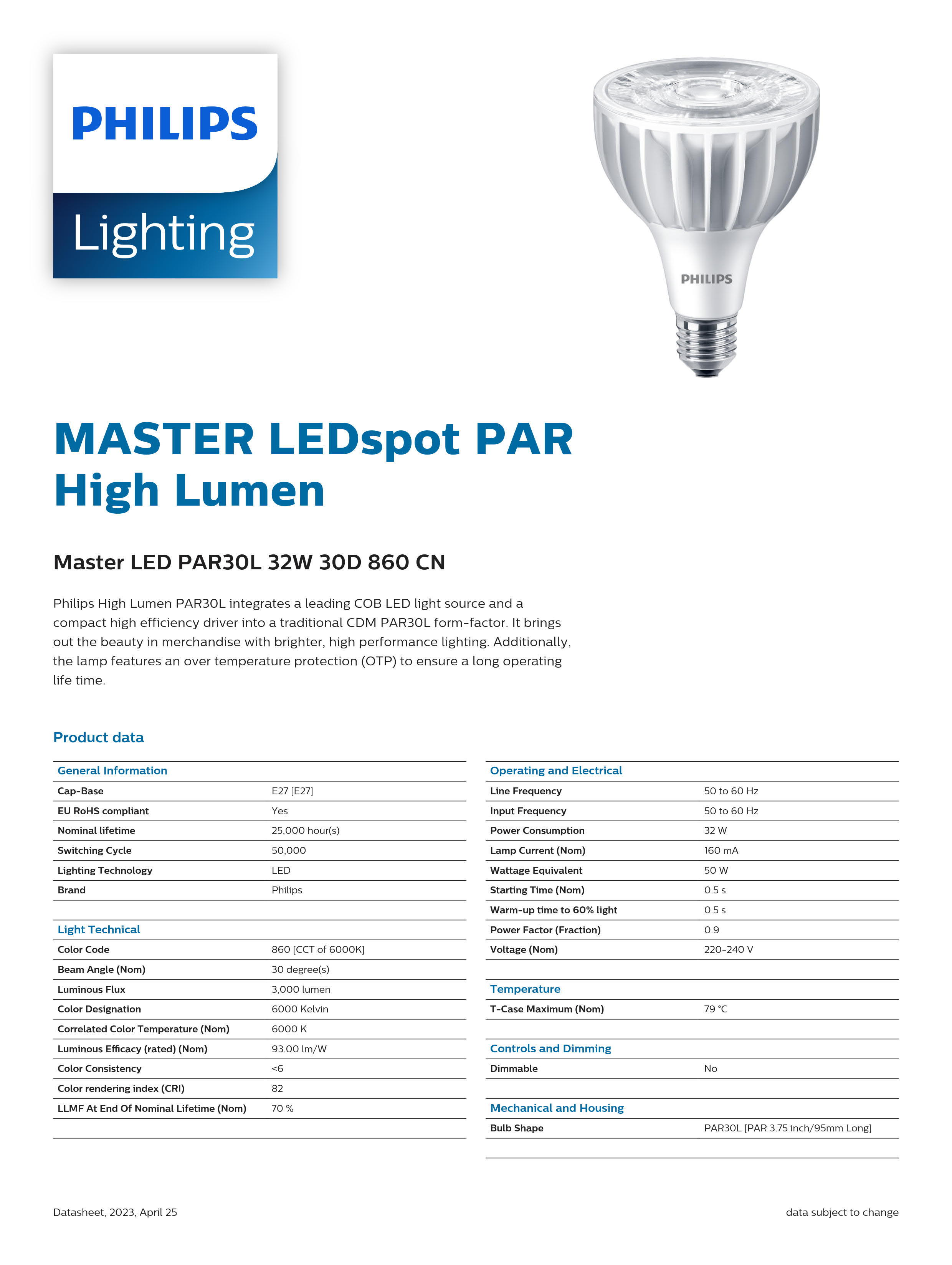 PHILIPS Master LED PAR30L 32W 30D 860 CN 929001354910