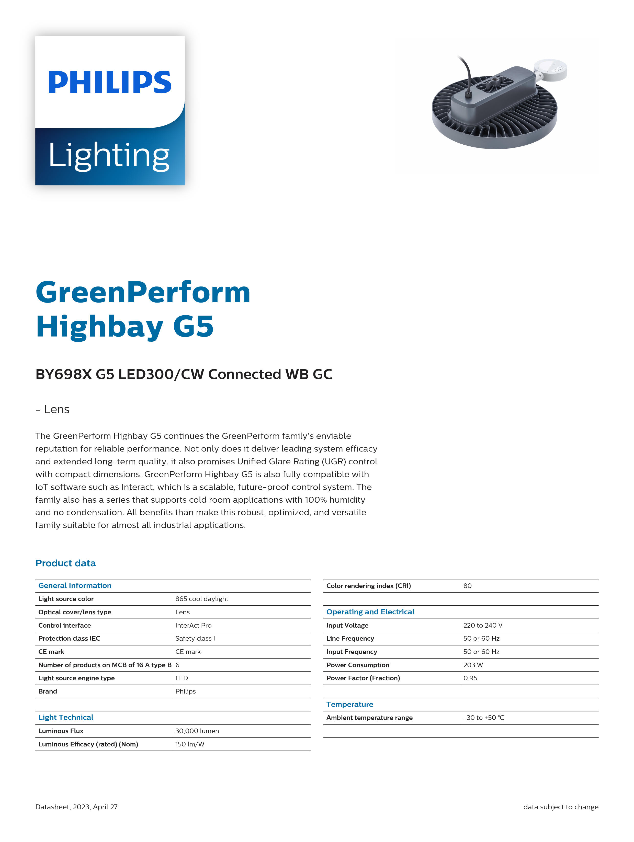 PHILIPS Highbay BY698X G5 LED300/CW Connected WB GC 911401525391