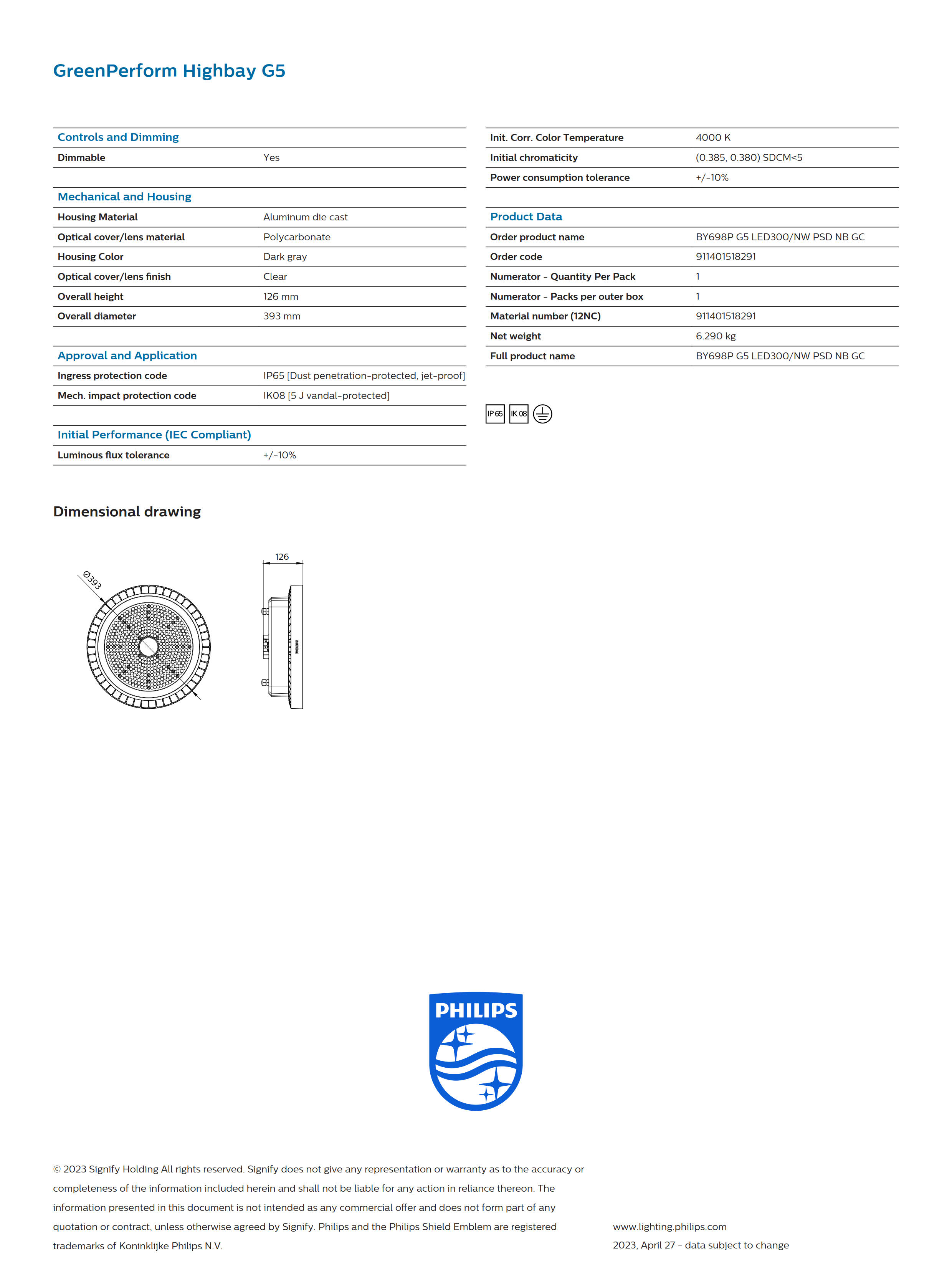 PHILIPS Highbay BY698P G5 LED300/NW PSD NB GC 911401518291