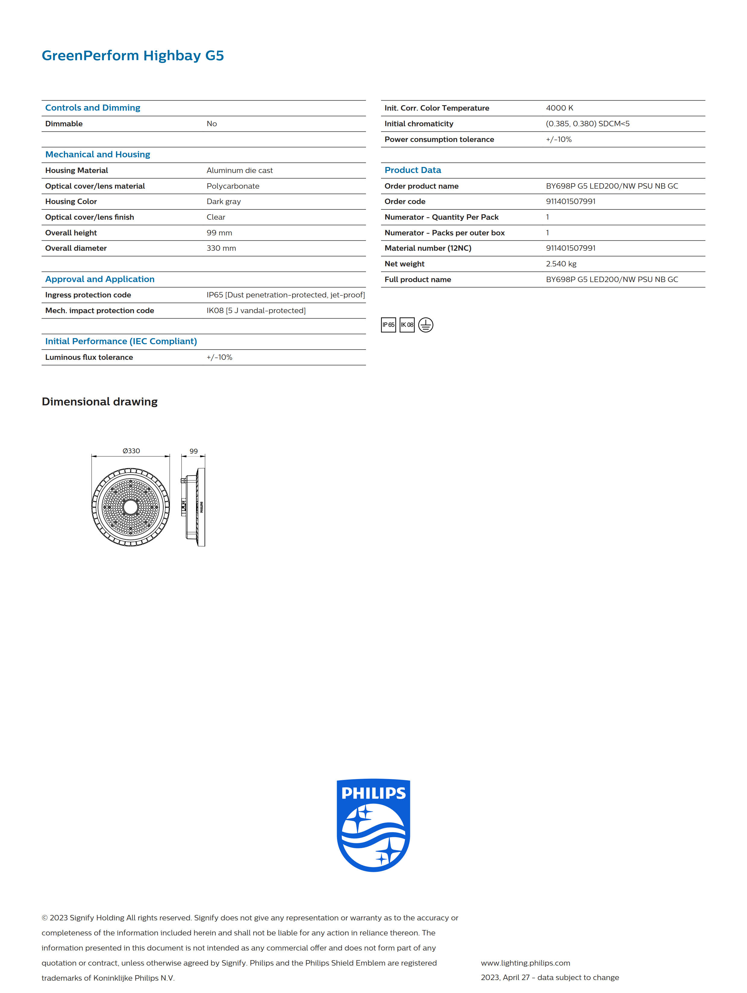 PHILIPS Highbay BY698P G5 LED200/NW PSU NB GC 911401507991