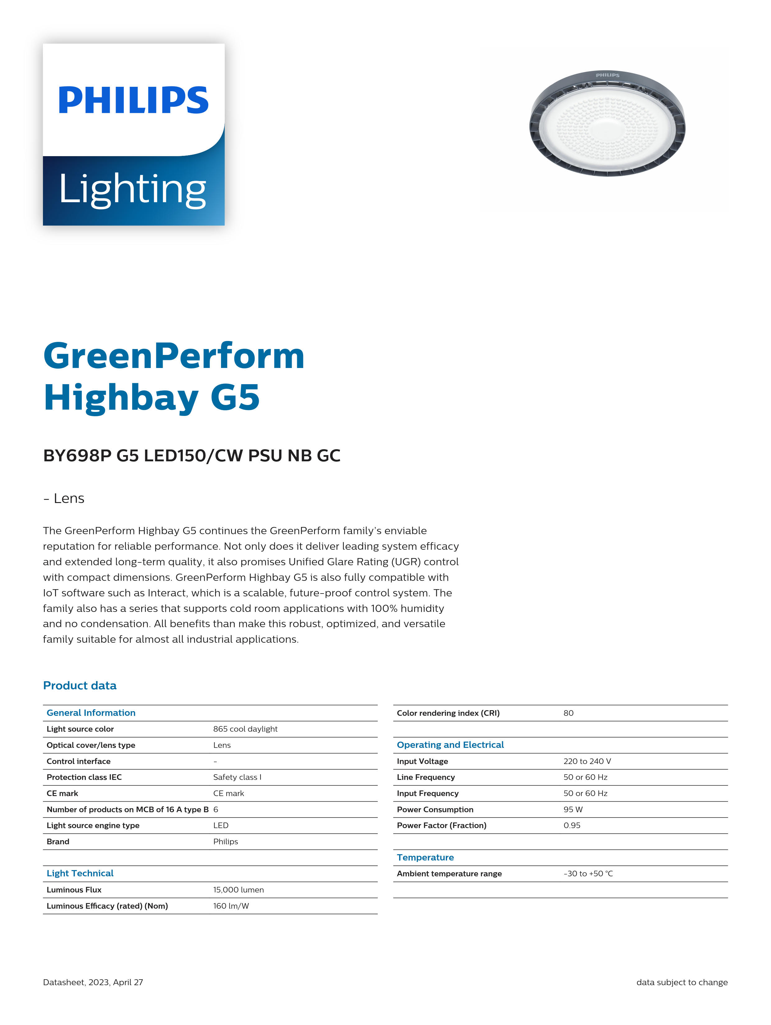 PHILIPS Highbay BY698P G5 LED150/CW PSU NB GC 911401507791