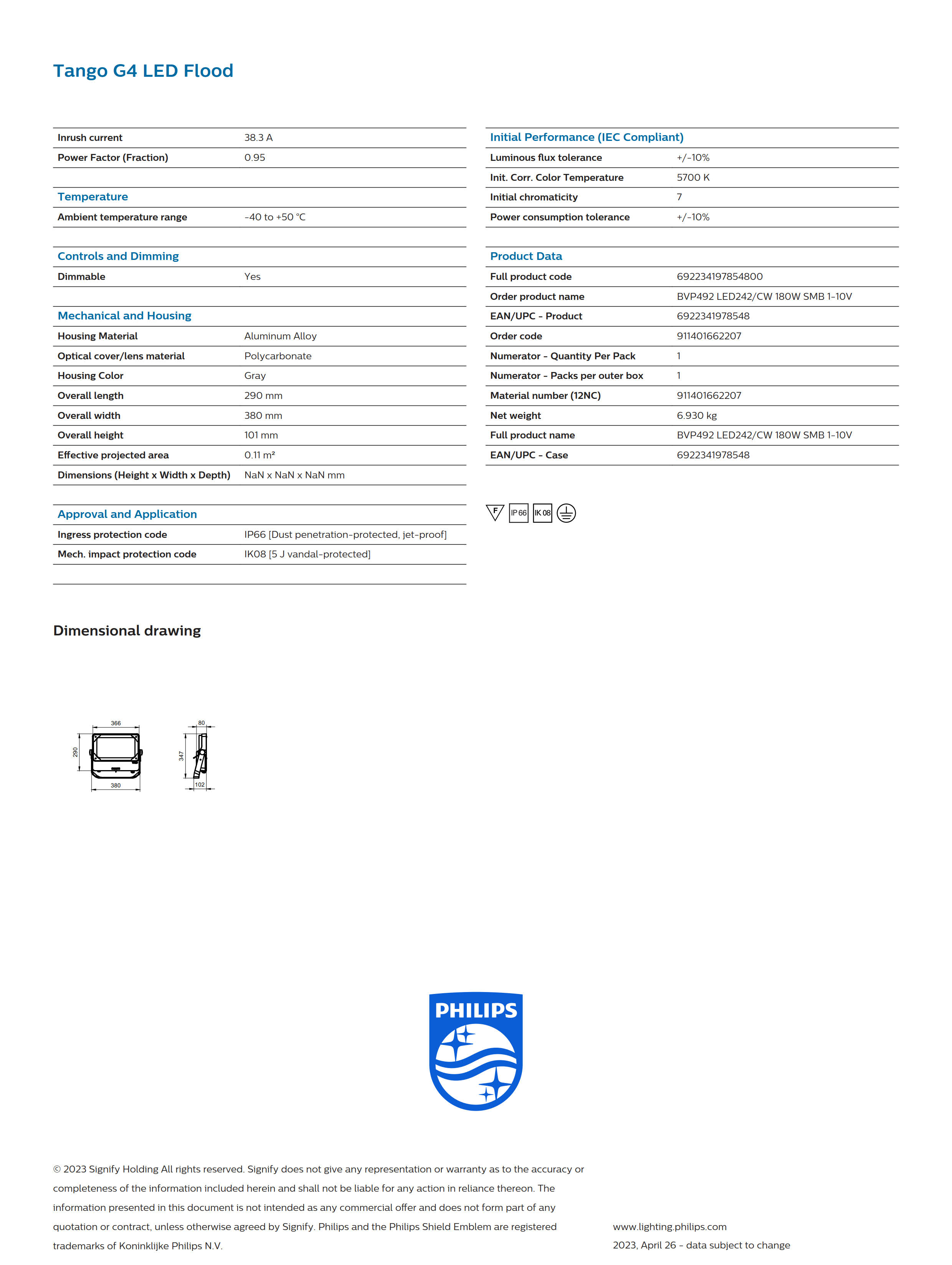 PHILIPS BVP492 LED242/CW 180W SMB 1-10V 911401662207