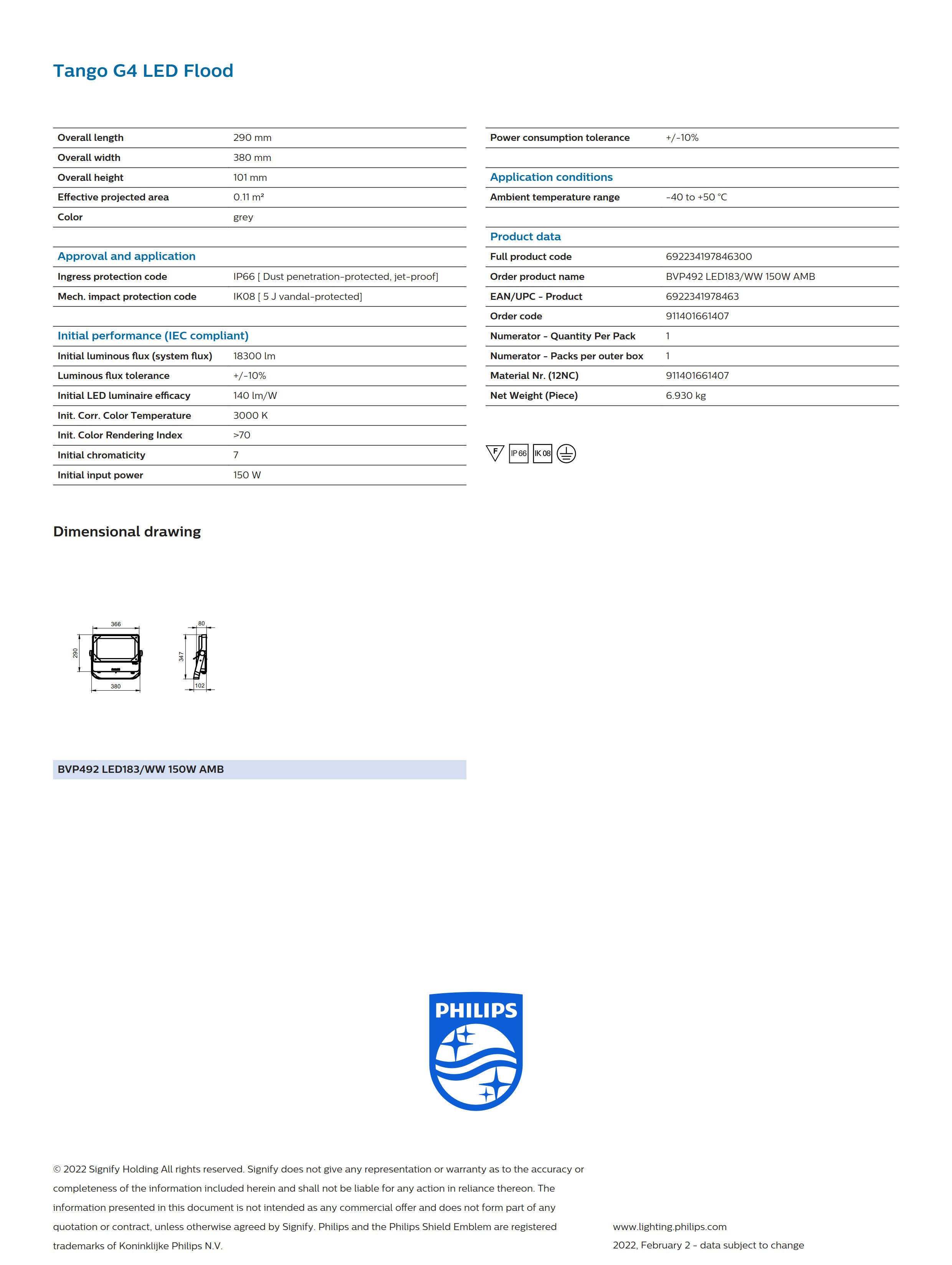 PHILIPS BVP492 LED183/WW 150W AMB 911401661407