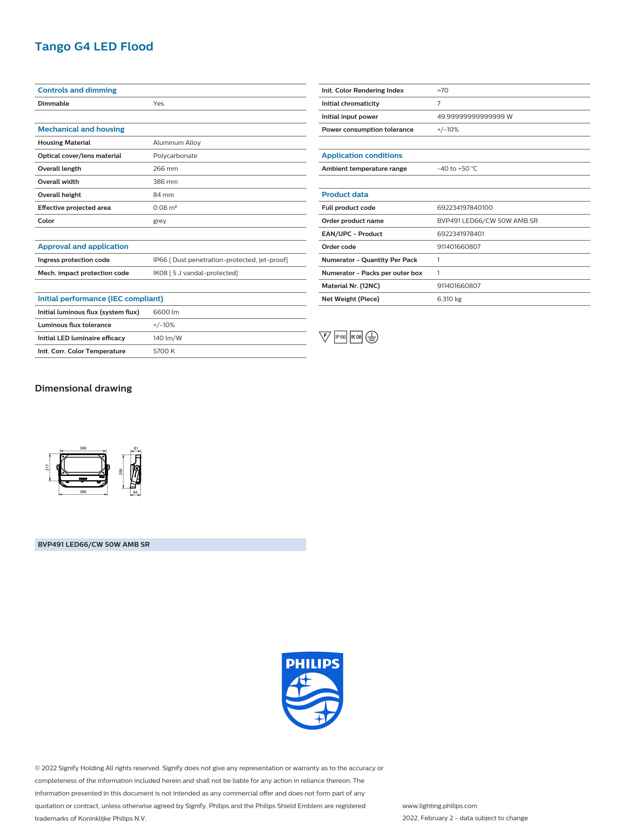 PHILIPS BVP491 LED66/CW 50W AMB SR 911401660807