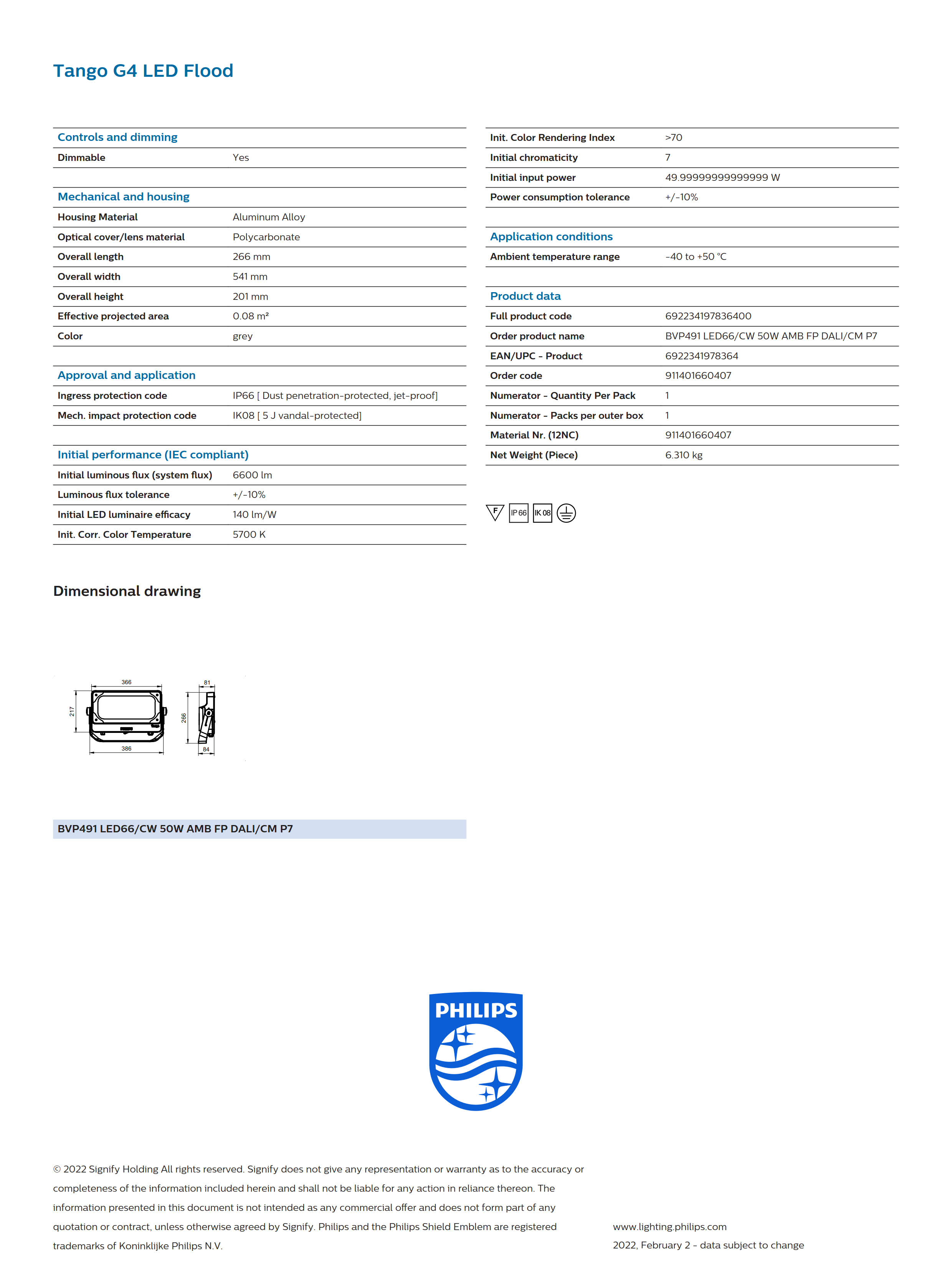 PHILIPS BVP491 LED66/CW 50W AMB FP DALI/CM P7 911401660407