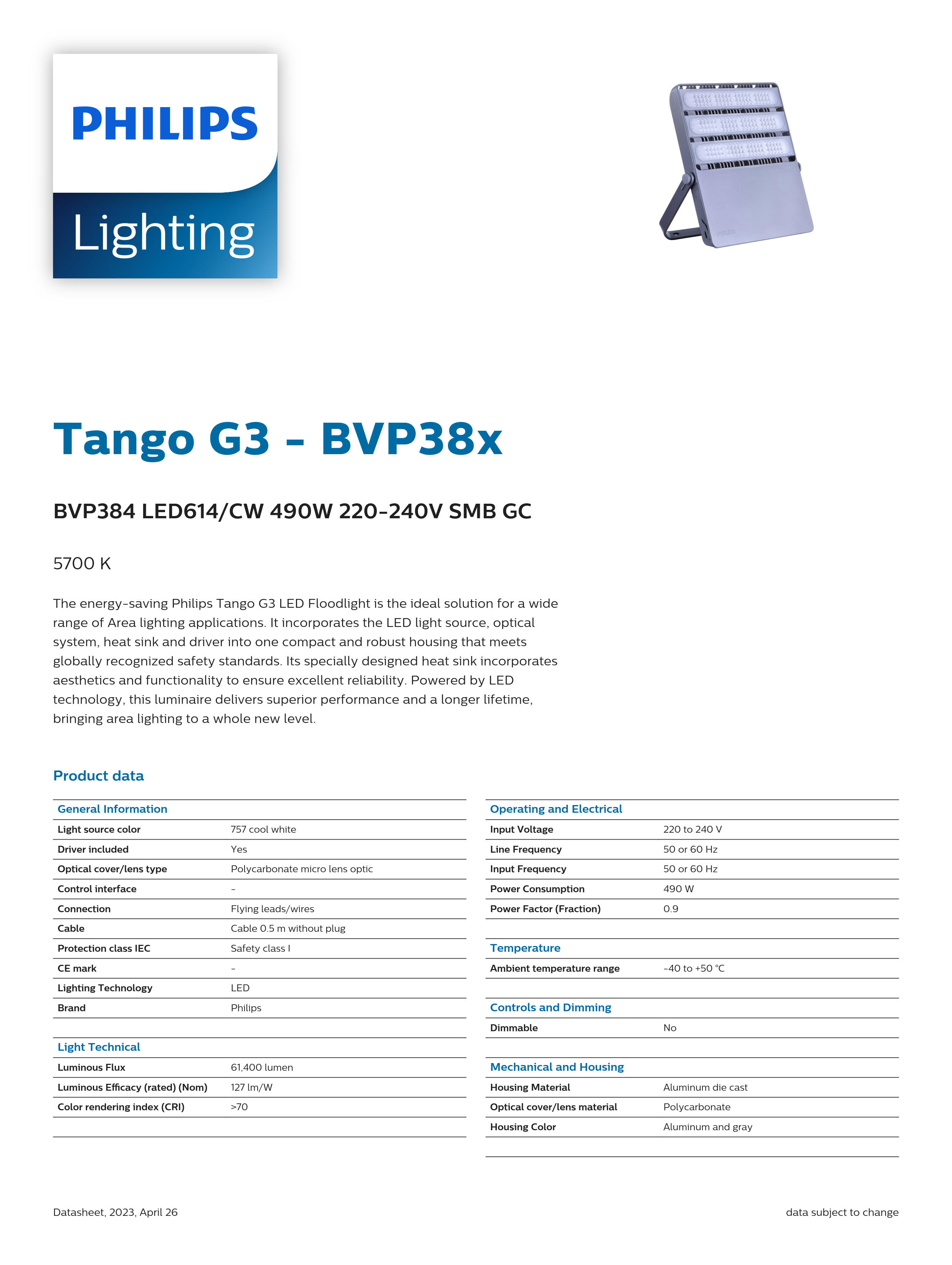 PHILIPS BVP384 LED614/CW 490W 220-240V SMB GC 911401615706